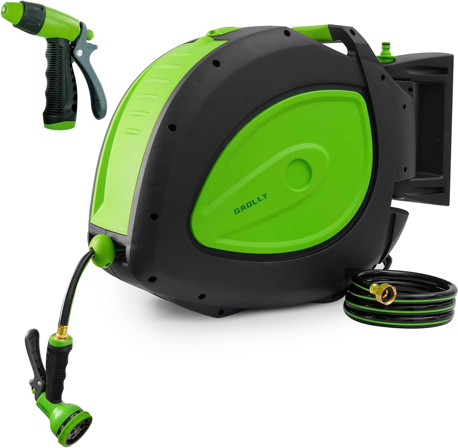 Retractable Garden Hose Reel, Smooth Slow Auto Rewind & Any-Length Lock, Premium Wall Mounted with 180° Swivel Bracket, 1/2 in High-Pressure Hose with 66 FT, Two Sprays