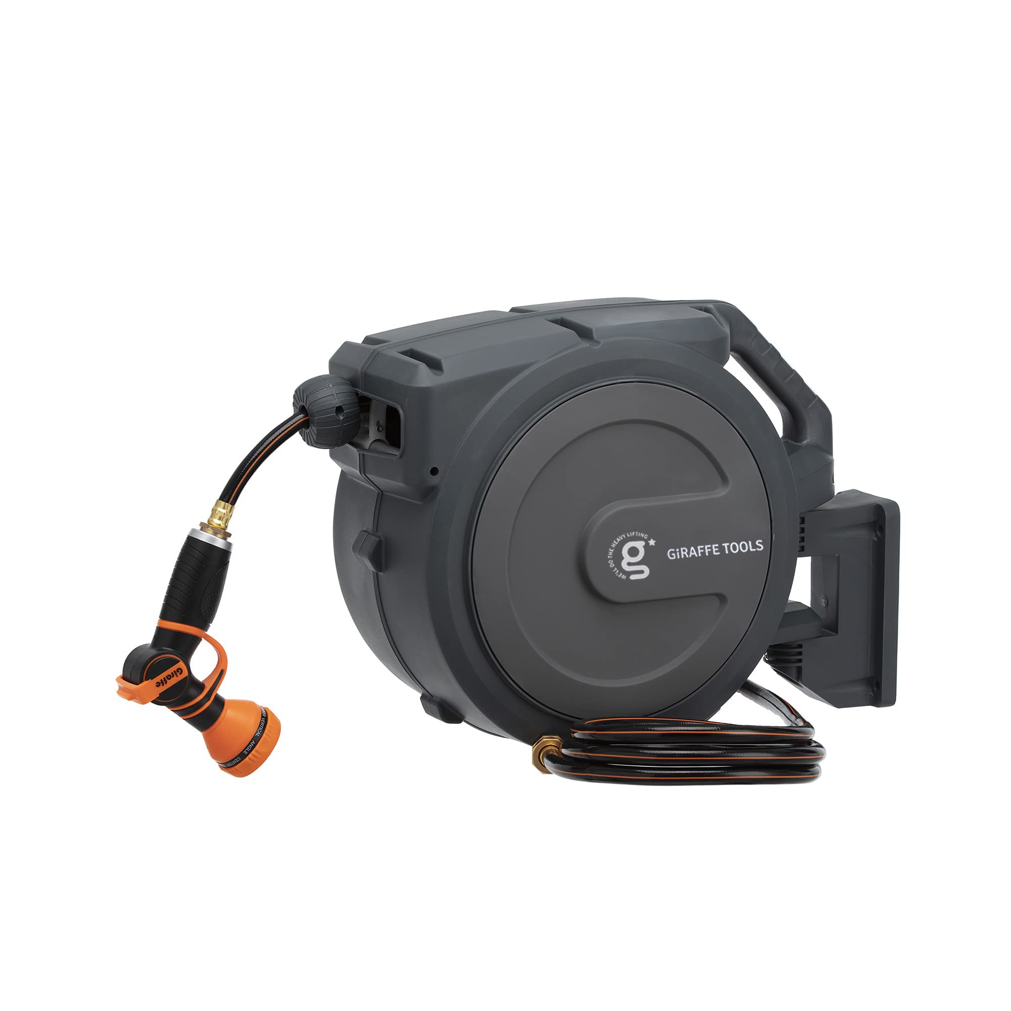 Giraffe Tools Retractable Garden Hose Reel 1/2 Inch x 130 ft, Super Heavy Duty, Any Length Lock, Slow Return System, Wall Mounted and 180 Deg Swivel Bracket