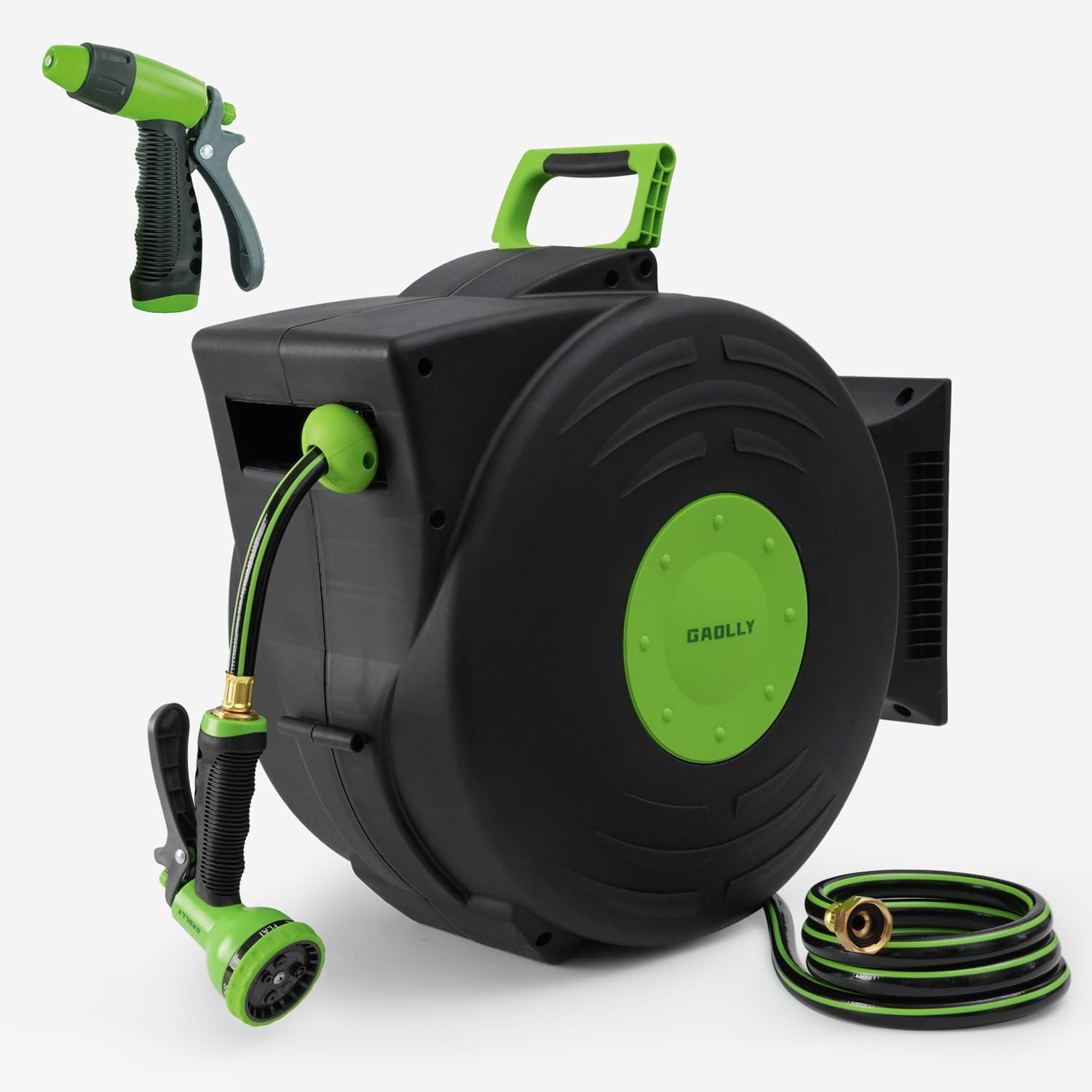 Retractable Garden Hose Reel, Smooth Slow Auto Rewind & Any-Length Lock, Premium Wall Mounted with 180° Swivel Bracket, 1/2 in High-Pressure Hose with 66 FT, Two Sprays