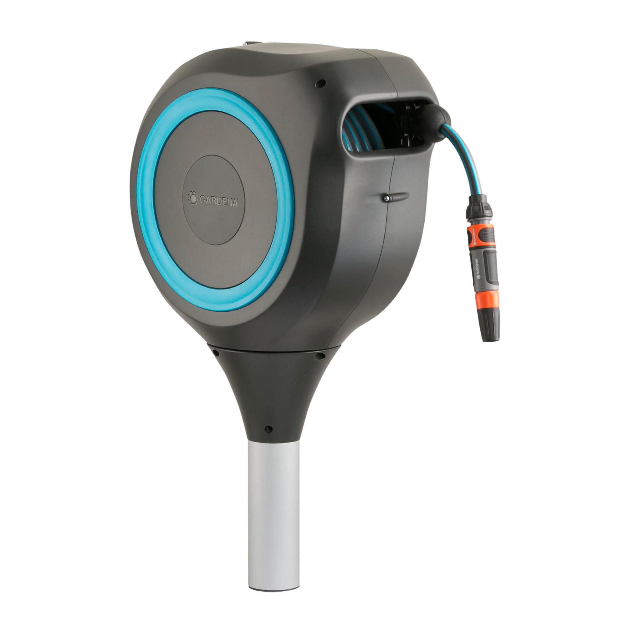 GARDENA 18614 | 66' x 1/2" Automatic Retractable Garden Hose Reel on Metal Spike, Outside Garden Hose with 360° swivel. No Holes in your house, Easy Installation, No Tools Required