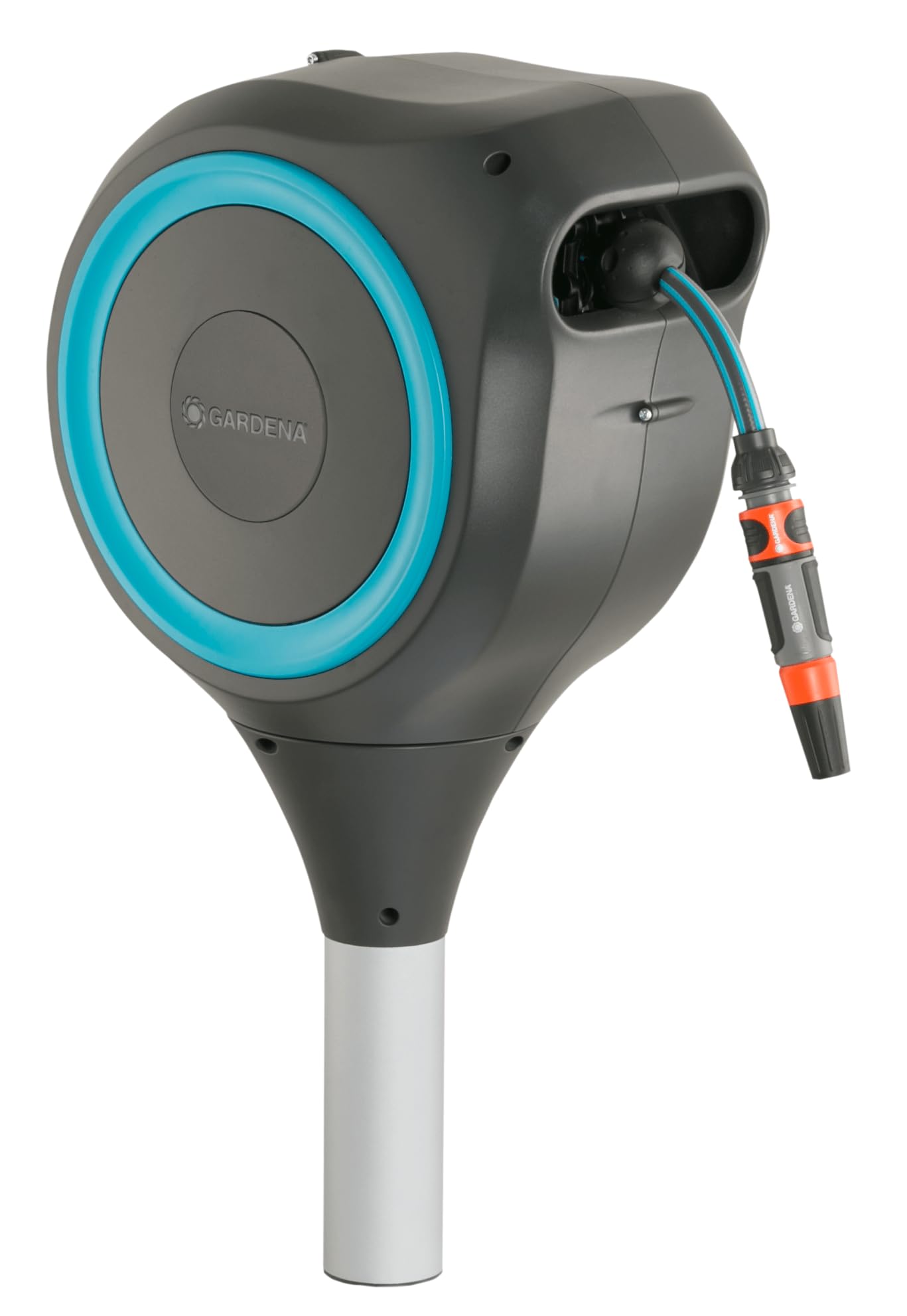 GARDENA 18614 | 66' x 1/2" Automatic Retractable Garden Hose Reel on Metal Spike, Outside Garden Hose with 360° swivel. No Holes in your house, Easy Installation, No Tools Required