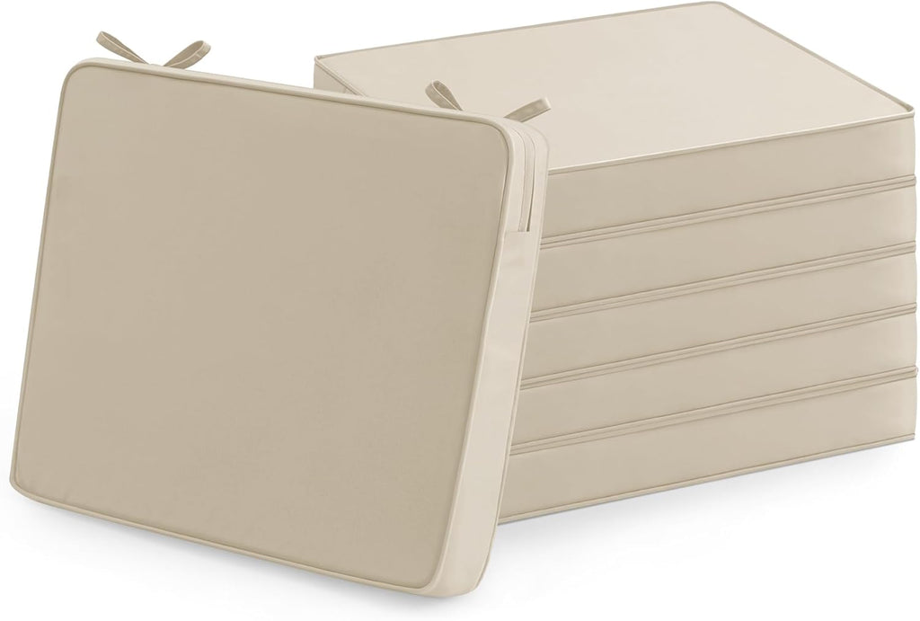 Outdoor Chair Cushions Set of 6: Waterproof & Fade Resistant Seat Cushion for Patio Furniture - 18.5 x 16 x 2 Inch Chair Pads with Ties and Hidden Zipper - Patio Chair Cushion Replacement, Beige