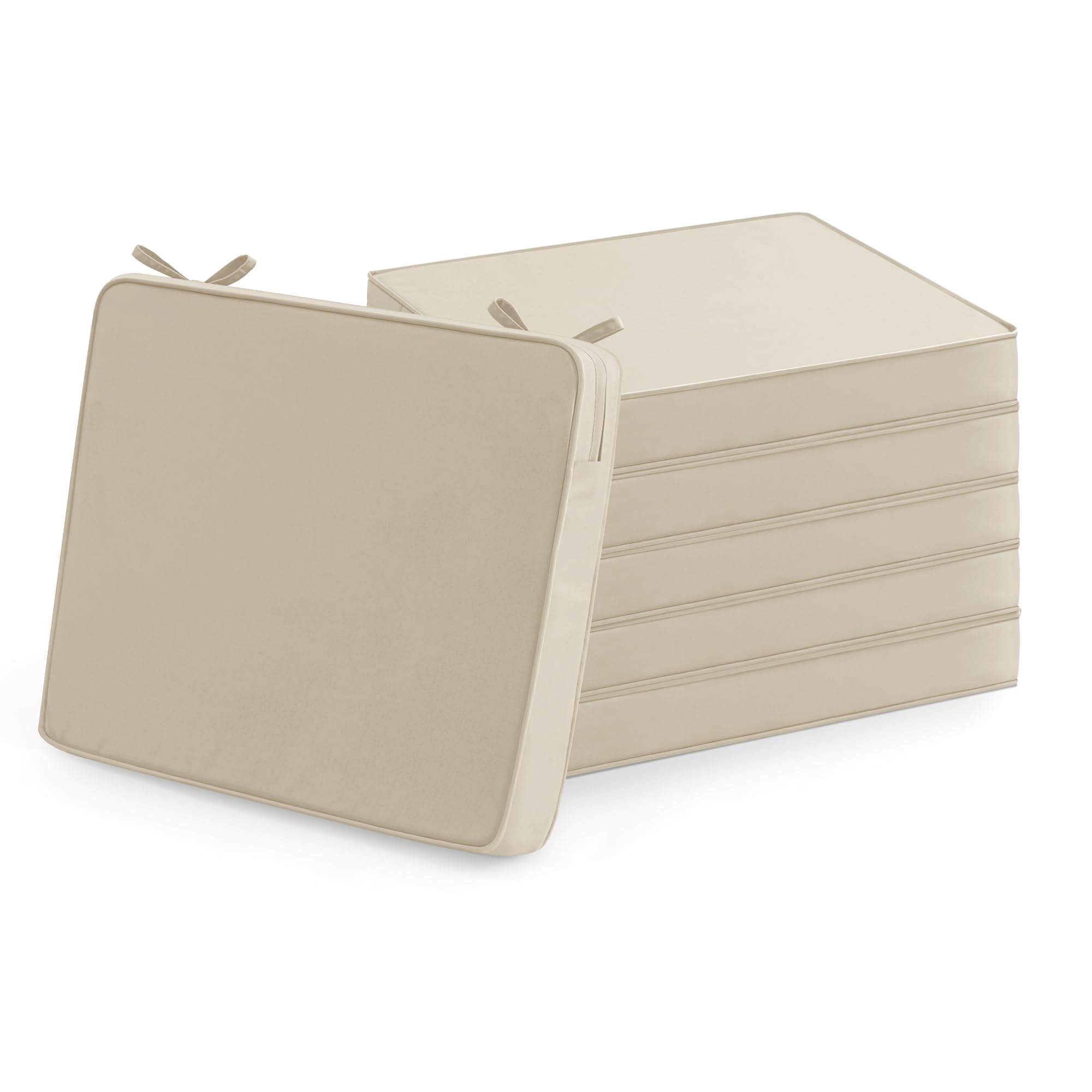 Outdoor Chair Cushions Set of 6: Waterproof & Fade Resistant Seat Cushion for Patio Furniture - 18.5 x 16 x 2 Inch Chair Pads with Ties and Hidden Zipper - Patio Chair Cushion Replacement, Beige