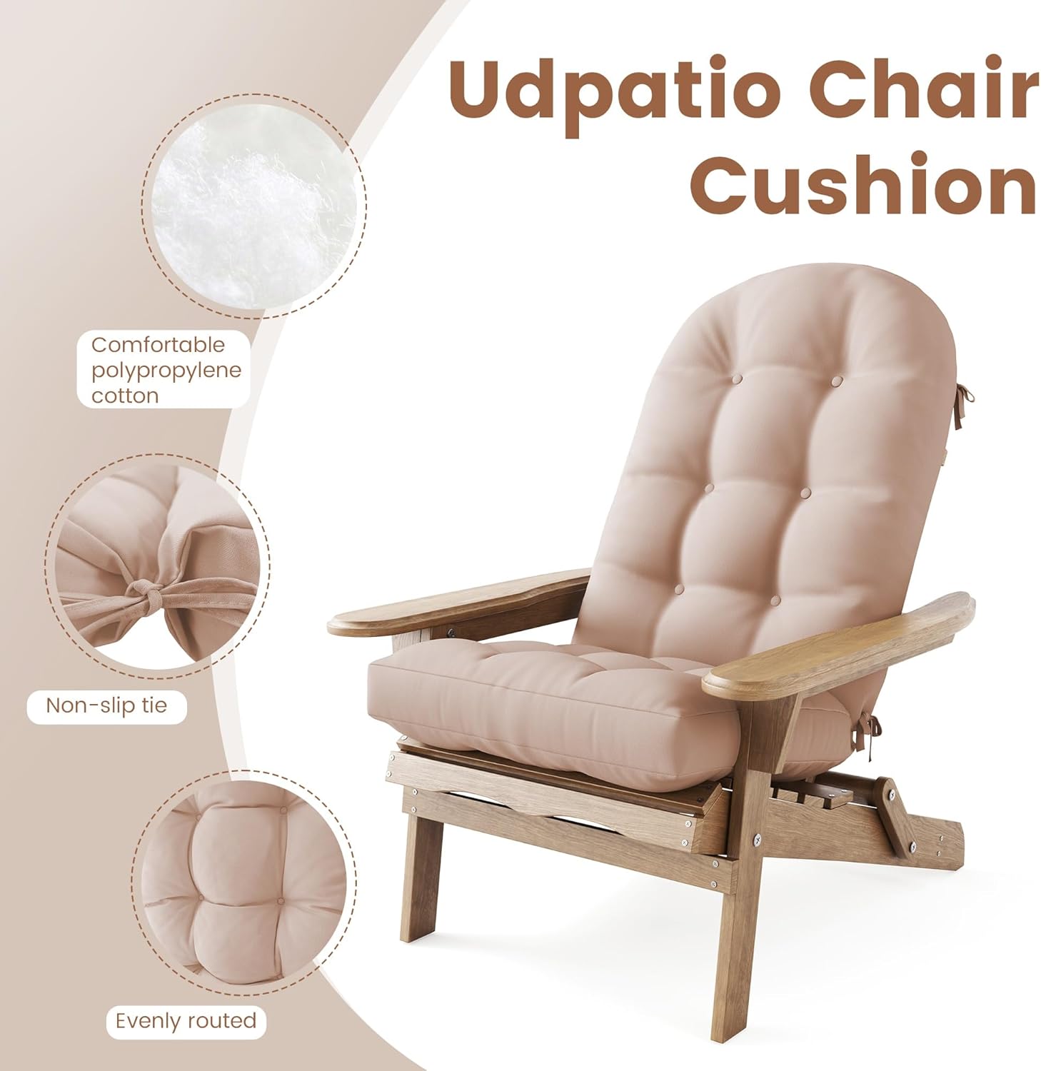 UDPATIO Adirondack Chair Cushion with Ties - Fade-Resistant Waterproof Outdoor Recliner High Back Seat Pads for Rocking Chairs, Patio, Deck, Porch, Lawn (Upper & Lower Back Support),Light Beige,1 PC