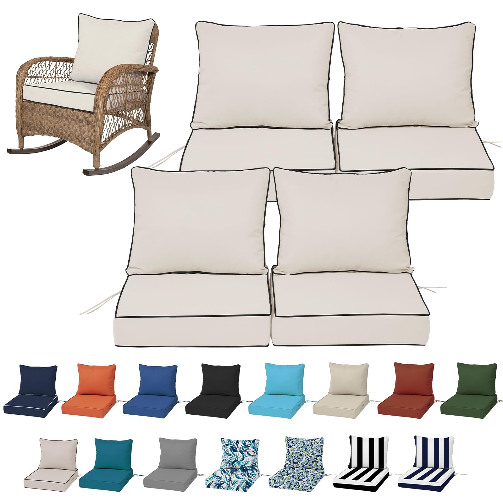 19x19“ Outdoor Deep Seat Cushions Set of 4, Patio Replacement Foam Cushions for Outside Furniture, Waterproof & Fade Resistant Patio Chair Pads, Compatible 20x20”,18x18“Khaki