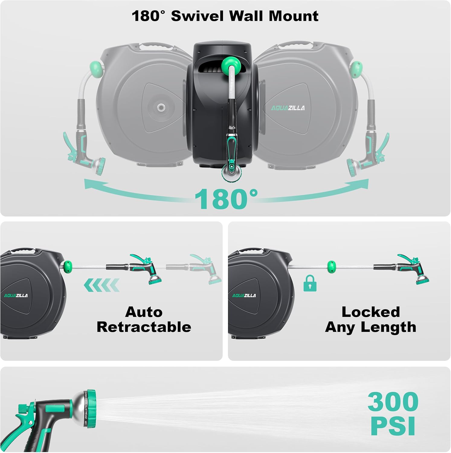 Retractable Garden Hose Reel - 5/8 in x 100 ft Automatic Wall Mount Heavy Duty Automatic Water Hose Reel with 9 Patterns Nozzle, Kink-Resistant Hose, 180° Swivel, Auto-Lock for Outdoor Watering