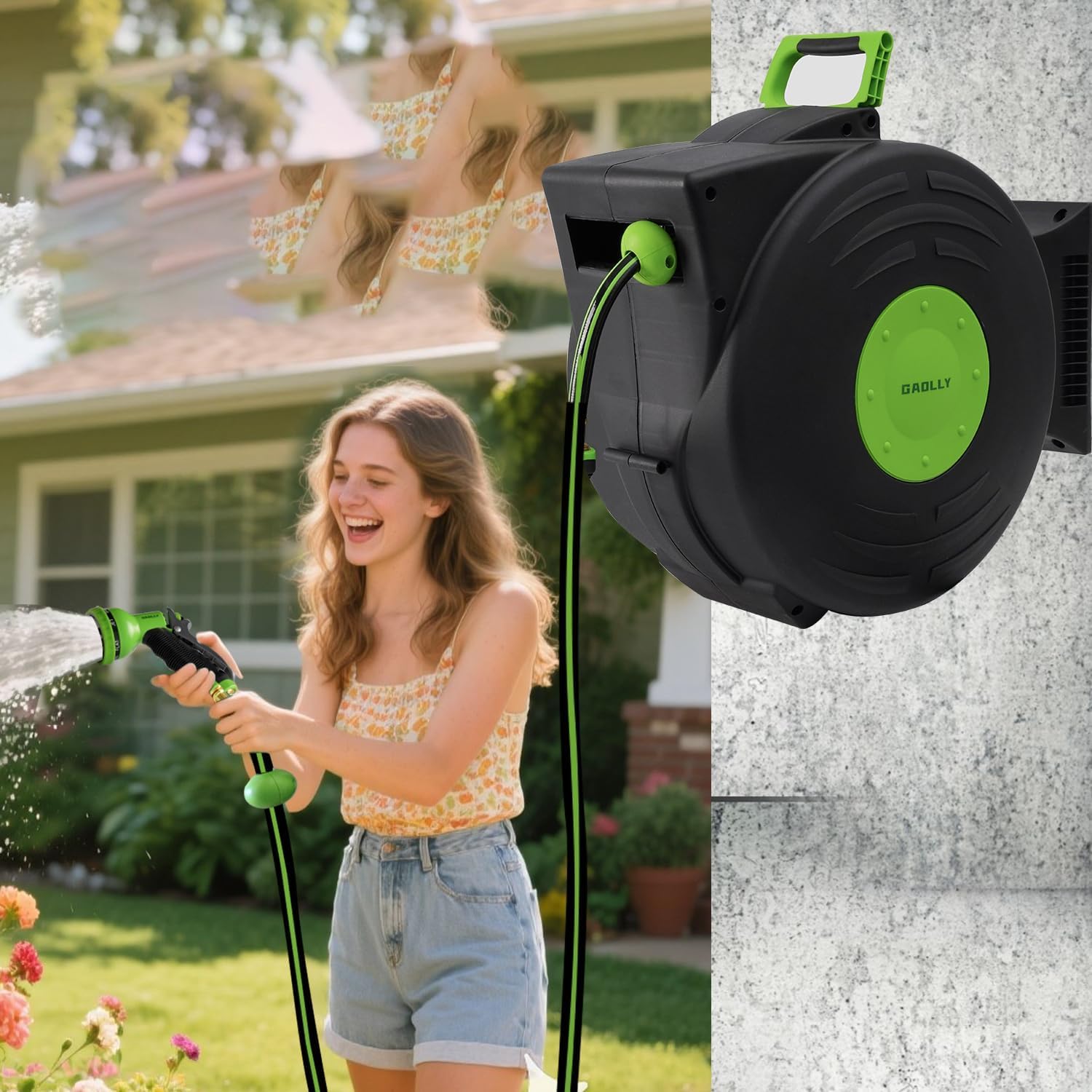 Retractable Garden Hose Reel, Smooth Slow Auto Rewind & Any-Length Lock, Premium Wall Mounted with 180° Swivel Bracket, 1/2 in High-Pressure Hose with 66 FT, Two Sprays
