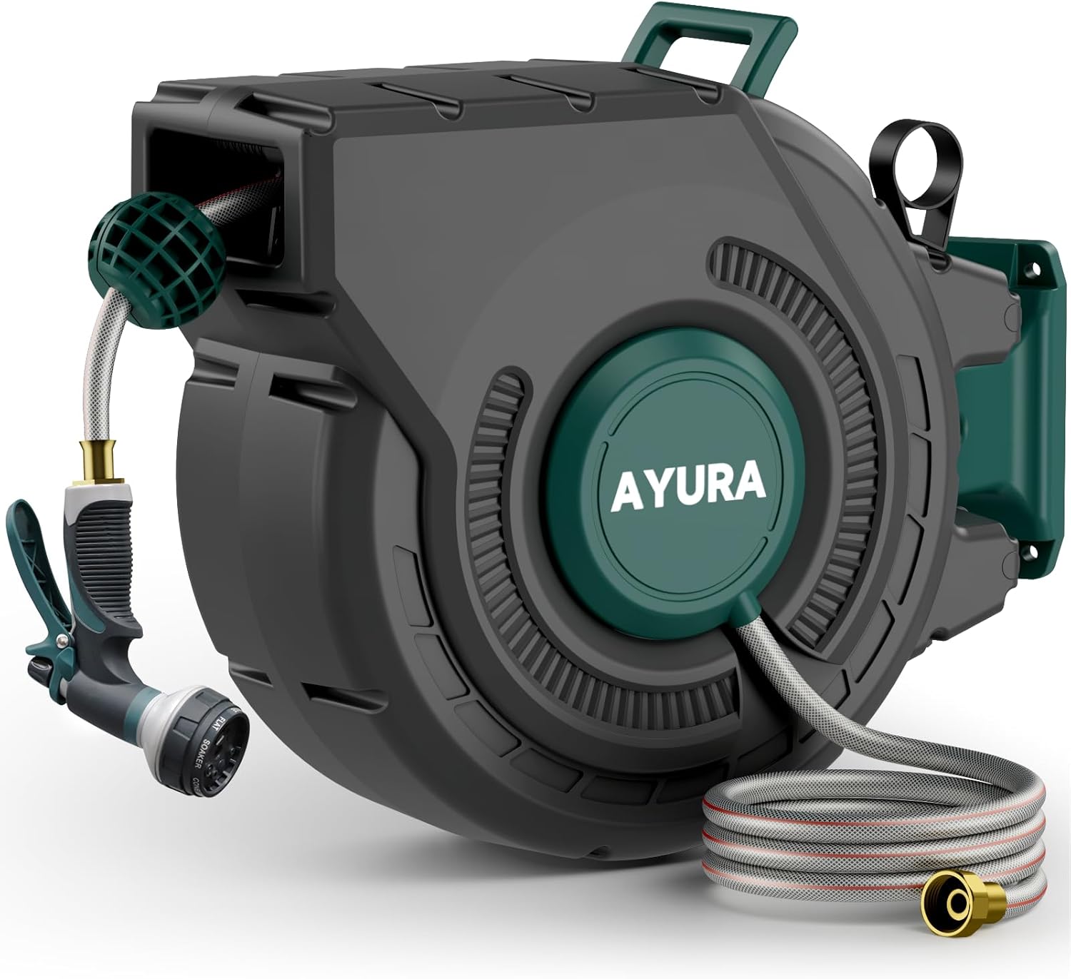 AYURA Retractable Garden Hose Reel 100 ft x 1/2 inch with Pro Metal Shaft, Heavy Duty Automatic Garden Hose Reels with Kink-Free Rewind and Lock at Any Length, Wall Mount Water Hose Reel for Outside