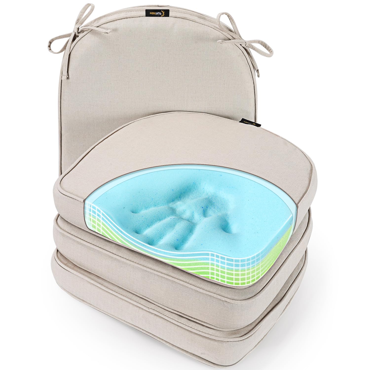 SUNROX Gel Memory Foam Chair Cushions, FadeShield Water-, Stain-Resistant Durable Reversible Seat Cushion Pads with Ties for Indoor/Outdoor Kitchen Dining Office 17"x16" Set of 4, Husk Birch