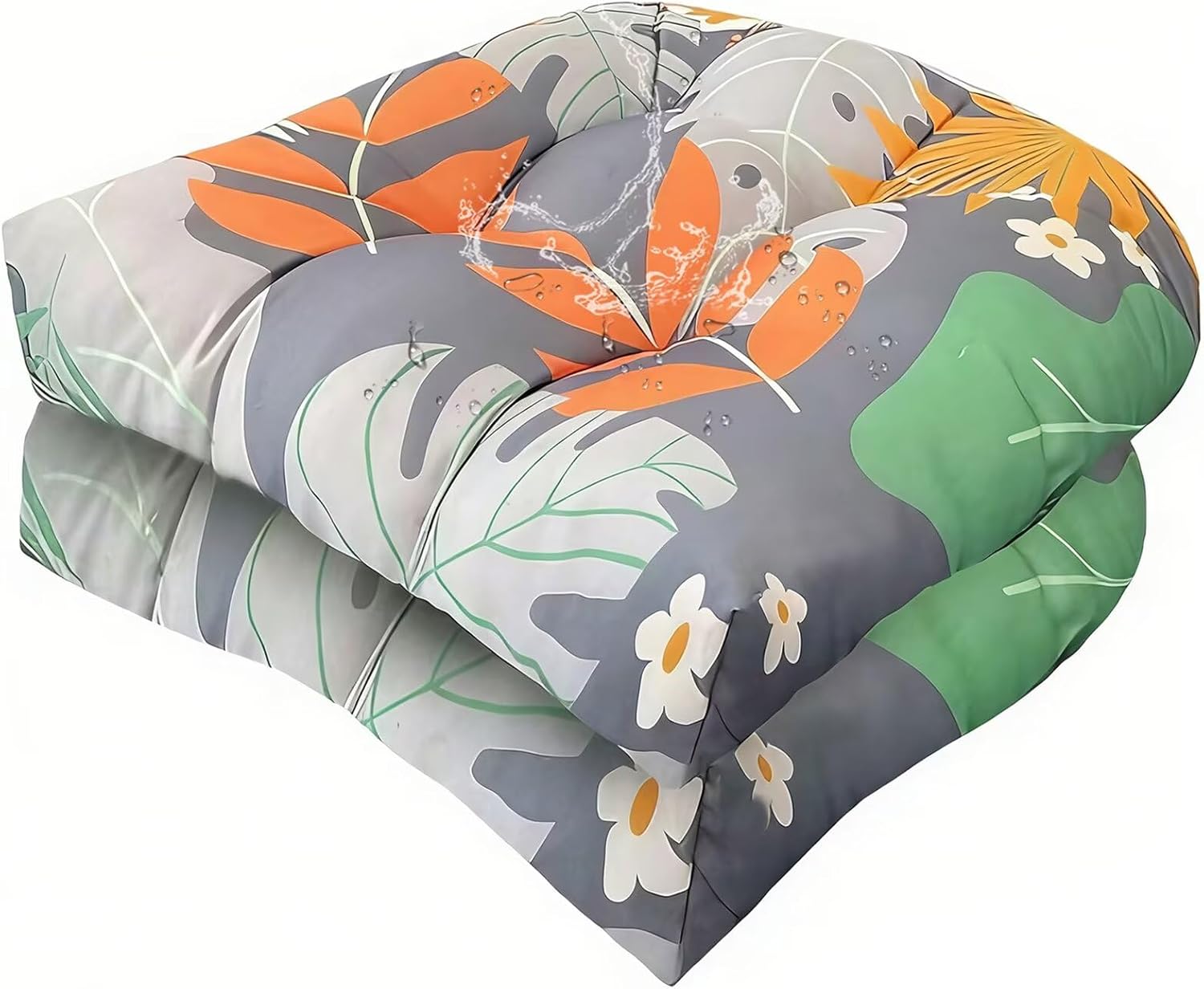 18 x 18 Outdoor Seat Cushions Waterproof Patio Seat Pad Large Floral Rocking Chair Cushion with Ties for Indoor Outdoor Orange Grey, Set of 2