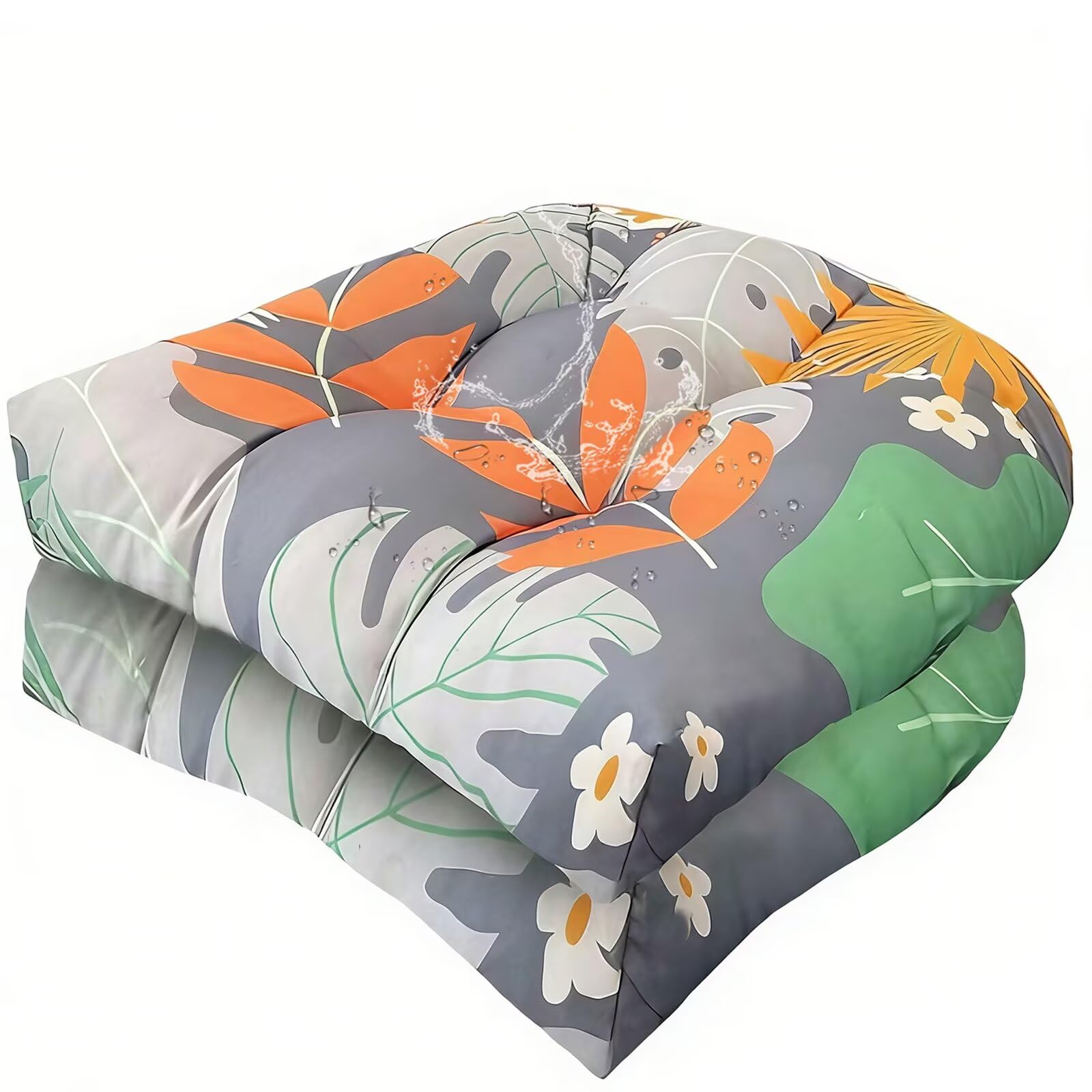 18 x 18 Outdoor Seat Cushions Waterproof Patio Seat Pad Large Floral Rocking Chair Cushion with Ties for Indoor Outdoor Orange Grey, Set of 2