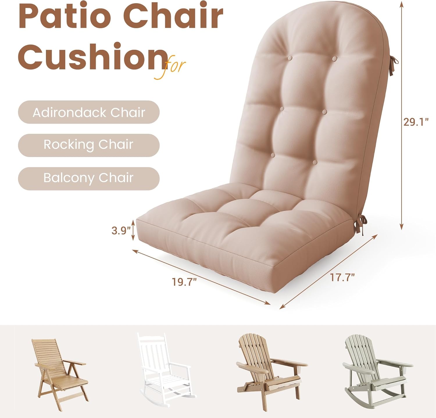 UDPATIO Adirondack Chair Cushion with Ties - Fade-Resistant Waterproof Outdoor Recliner High Back Seat Pads for Rocking Chairs, Patio, Deck, Porch, Lawn (Upper & Lower Back Support),Light Beige,1 PC