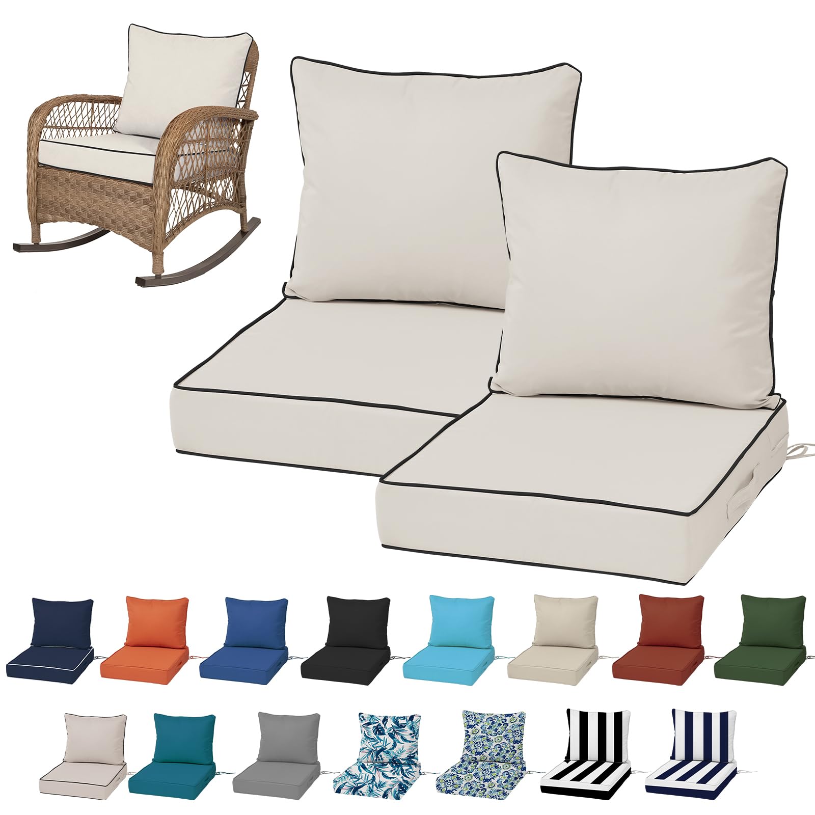 19x19“ Outdoor Deep Seat Cushions Set of 4, Patio Replacement Foam Cushions for Outside Furniture, Waterproof & Fade Resistant Patio Chair Pads, Compatible 20x20”,18x18“Khaki