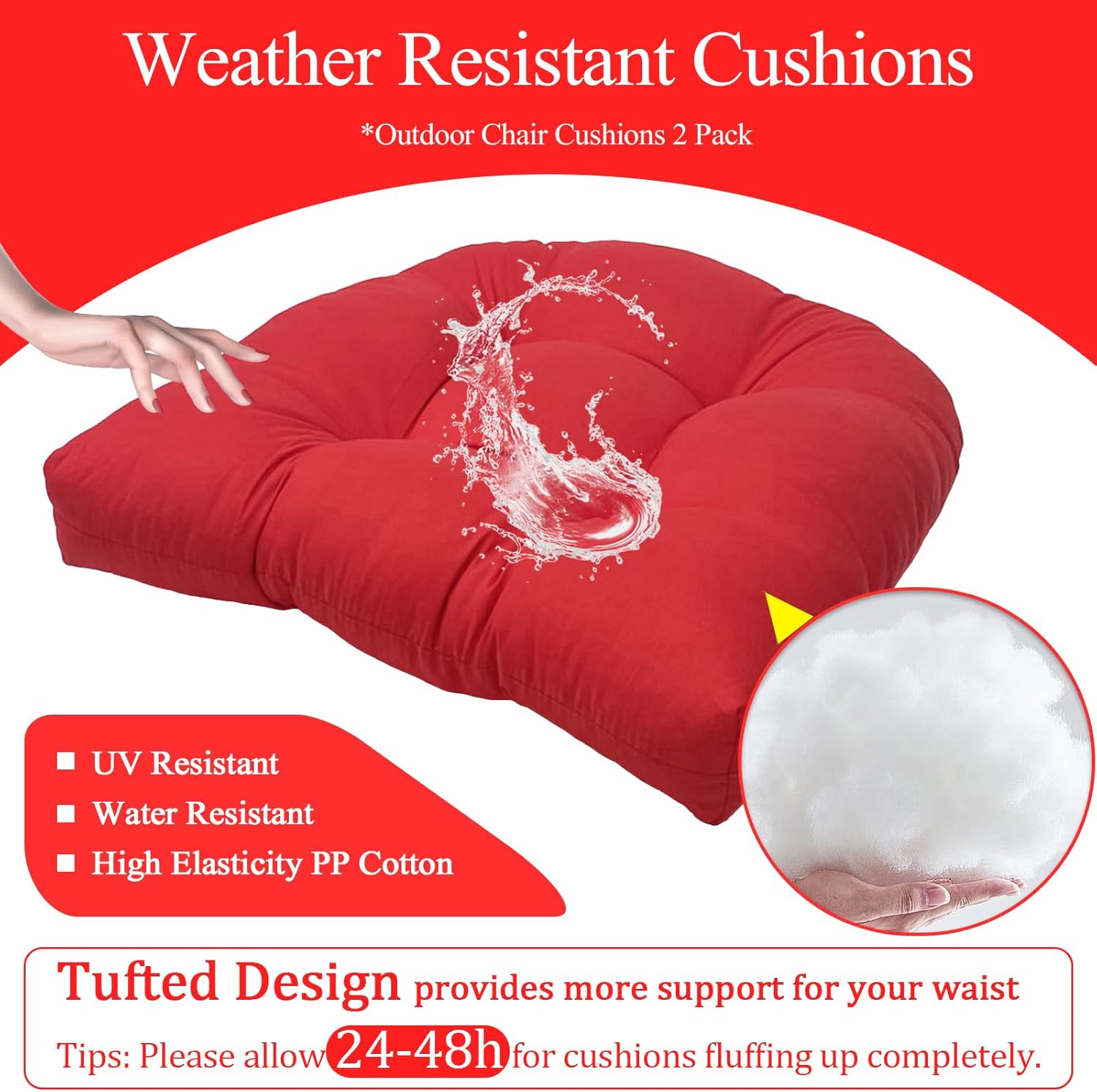 MTMR Waterproof Outdoor Chair Cushions Set of 2, 19X19 Patio Wicker Chair Cushions, Tufted Outdoor Cushions for Patio Furniture, Thick Outdoor Patio Replacement Seat Pads for Porch Lawn Chairs Red