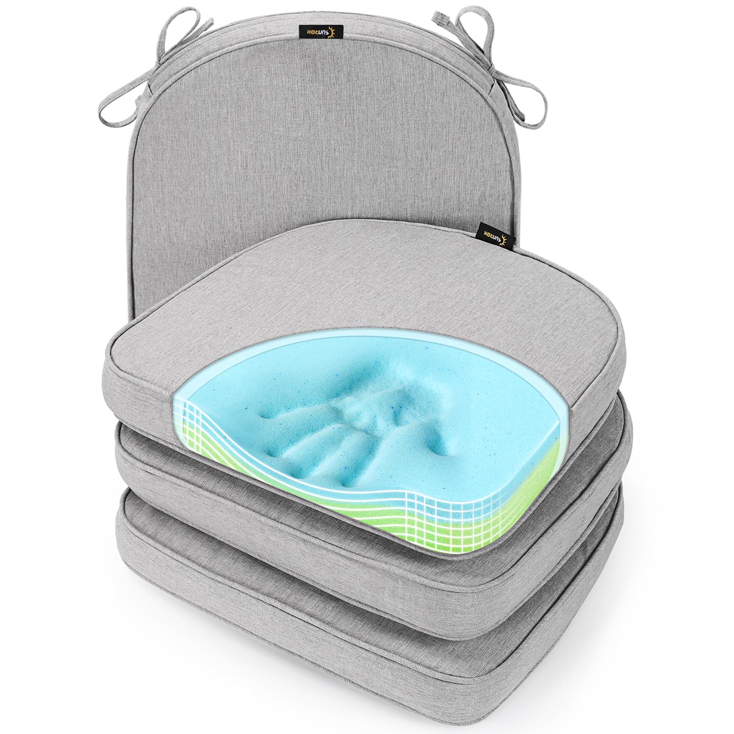 SUNROX Gel Memory Foam Chair Cushions, FadeShield Water-, Stain-Resistant Durable Reversible Seat Cushion Pads with Ties for Indoor/Outdoor Kitchen Dining Office 17"x16" Set of 4, Husk Birch