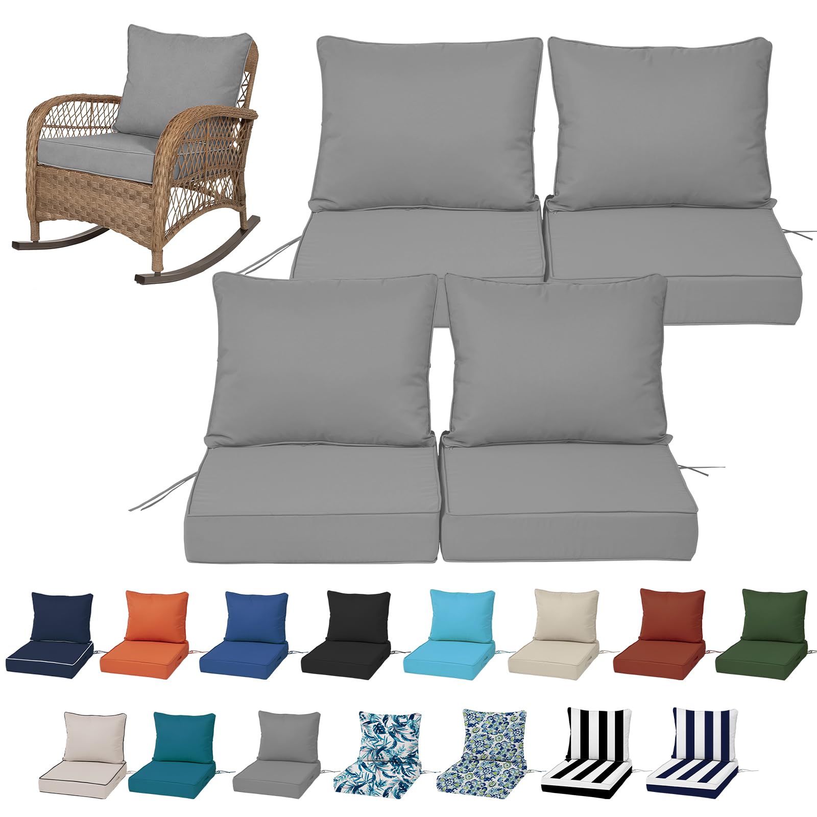 19x19“ Outdoor Deep Seat Cushions Set of 4, Patio Replacement Foam Cushions for Outside Furniture, Waterproof & Fade Resistant Patio Chair Pads, Compatible 20x20”,18x18“Khaki