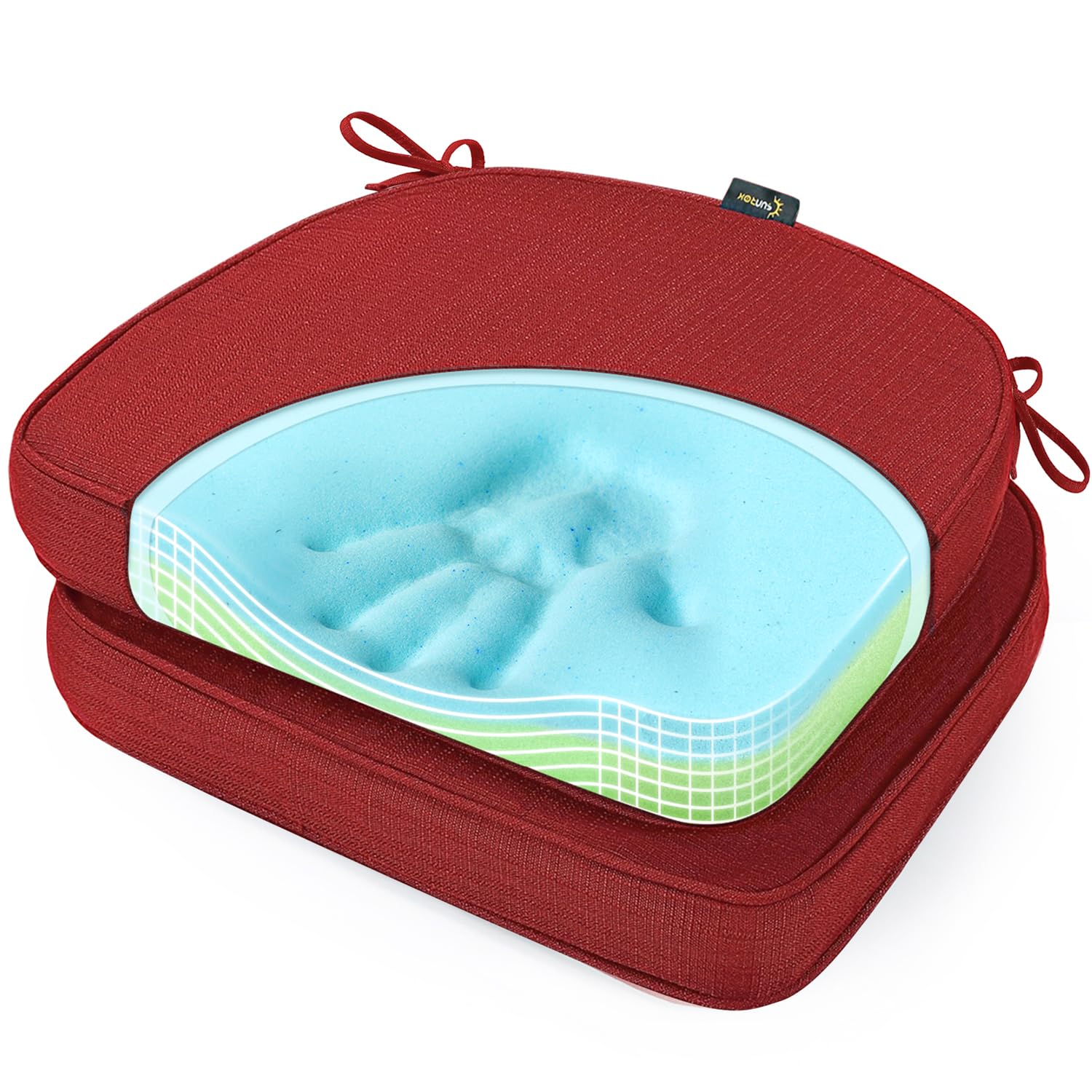 SUNROX Gel Memory Foam Chair Cushions, FadeShield Water-, Stain-Resistant Durable Reversible Seat Cushion Pads with Ties for Indoor/Outdoor Kitchen Dining Office 17"x16" Set of 4, Husk Birch