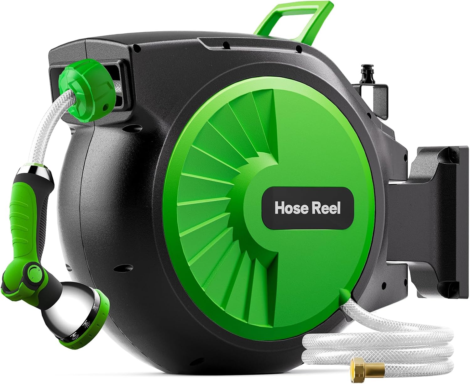 Retractable Garden Hose Reel 100FT x 1/2 in, Wall Mount Water Hose Reel for Outside with Auto Rewind, Tangle-Free Guide, 180° Swivel Bracket, Lock at Any Length, High-Pressure Flow, 10-Pattern Nozzle