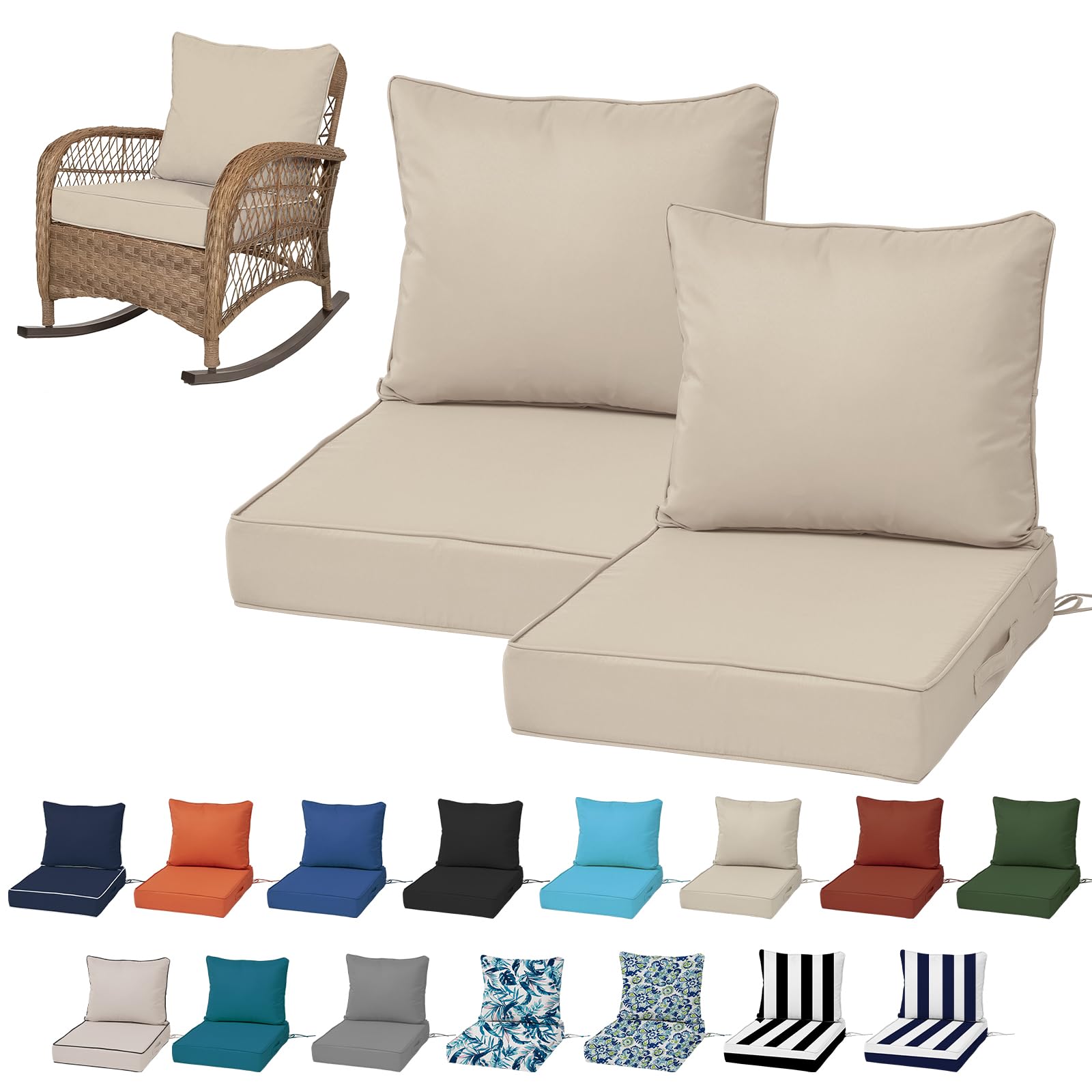 19x19“ Outdoor Deep Seat Cushions Set of 4, Patio Replacement Foam Cushions for Outside Furniture, Waterproof & Fade Resistant Patio Chair Pads, Compatible 20x20”,18x18“Khaki