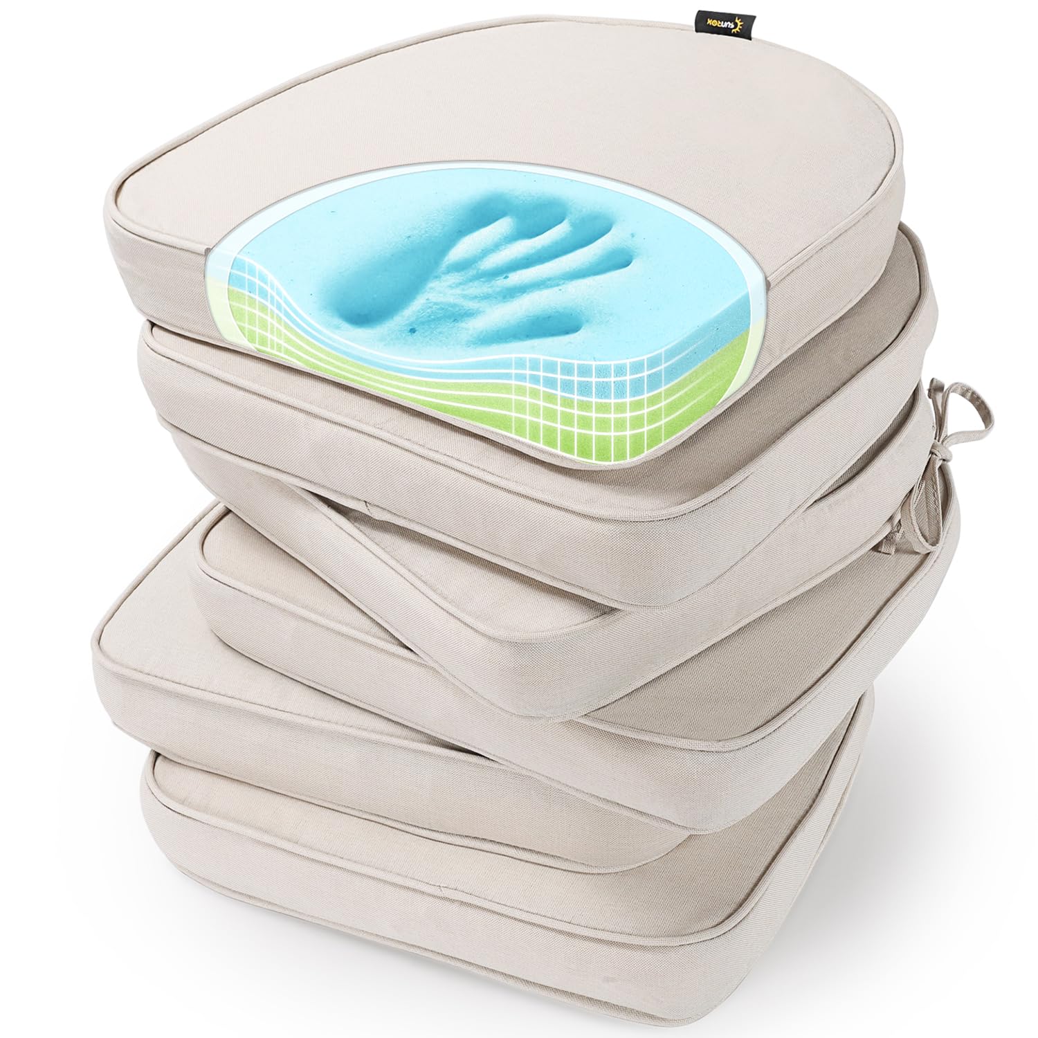 SUNROX Gel Memory Foam Chair Cushions, FadeShield Water-, Stain-Resistant Durable Reversible Seat Cushion Pads with Ties for Indoor/Outdoor Kitchen Dining Office 17"x16" Set of 4, Husk Birch