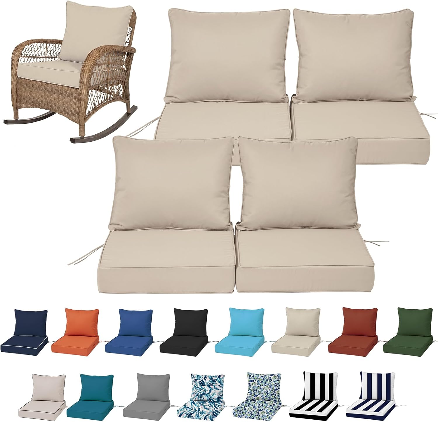 19x19“ Outdoor Deep Seat Cushions Set of 4, Patio Replacement Foam Cushions for Outside Furniture, Waterproof & Fade Resistant Patio Chair Pads, Compatible 20x20”,18x18“Khaki