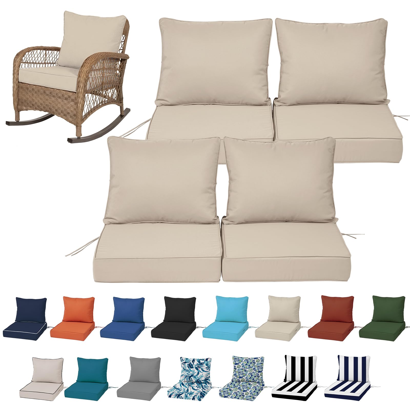 19x19“ Outdoor Deep Seat Cushions Set of 4, Patio Replacement Foam Cushions for Outside Furniture, Waterproof & Fade Resistant Patio Chair Pads, Compatible 20x20”,18x18“Khaki