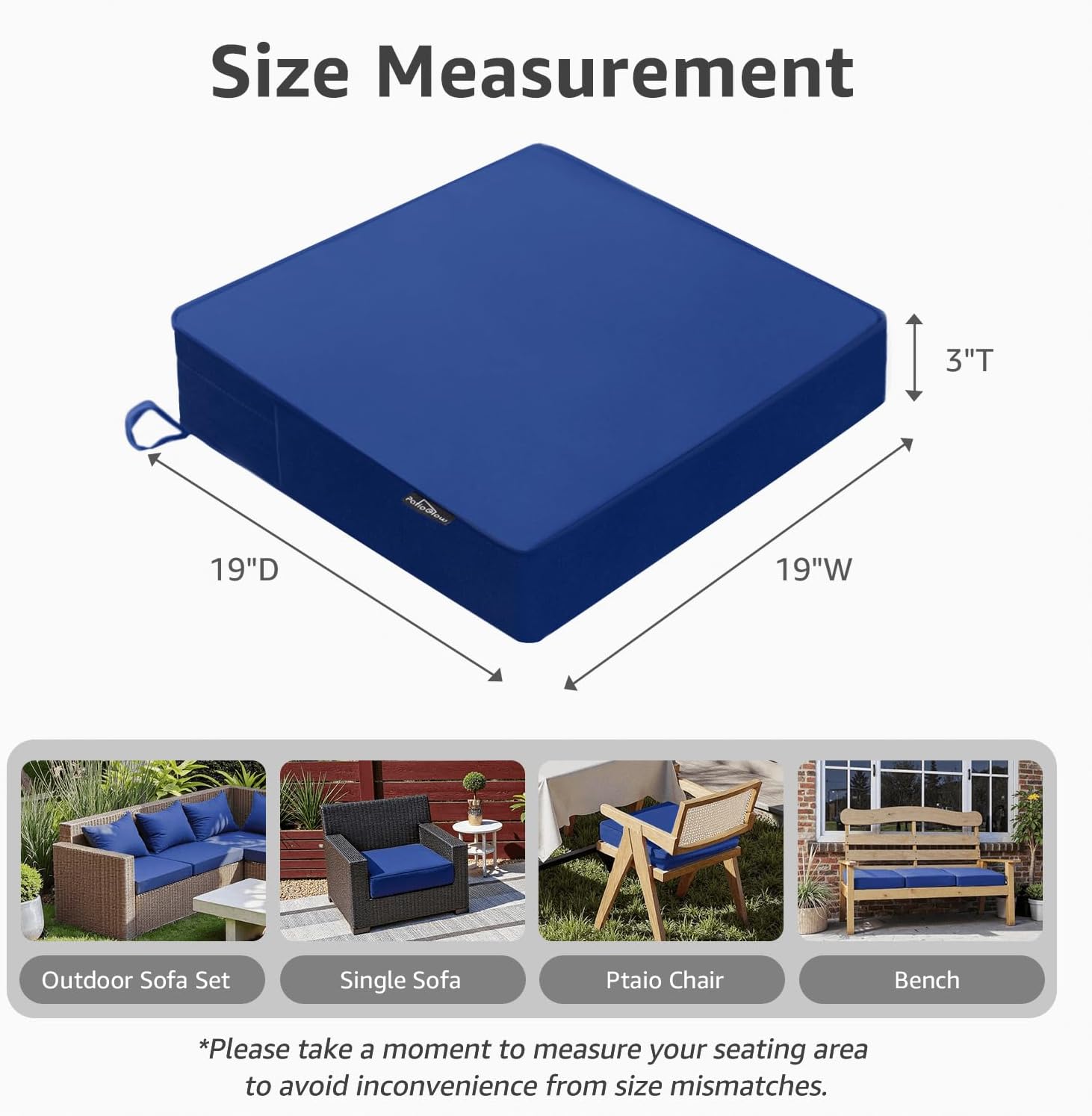 PatioGlow Outdoor Chair Cushions 19 x 19 x 3 Inch, Waterproof & Fade Resistant Patio Seat Cushion for Furniture with Handle and Ties, Thick Seating Pads for Outside Sofa Couch Set of 2, Blue