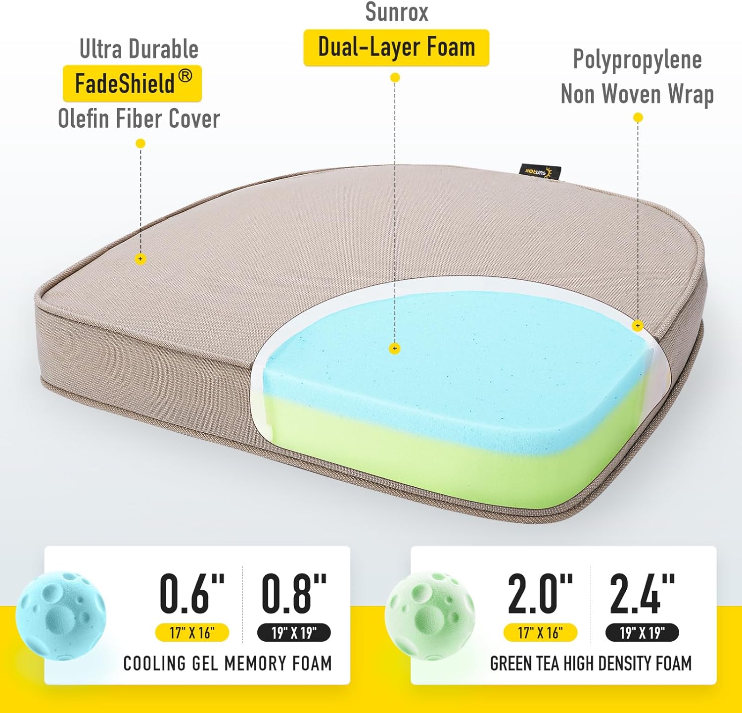 SUNROX Gel Memory Foam Chair Cushions, FadeShield Water-, Stain-Resistant Durable Reversible Seat Cushion Pads with Ties for Indoor/Outdoor Kitchen Dining Office 17"x16" Set of 4, Husk Birch