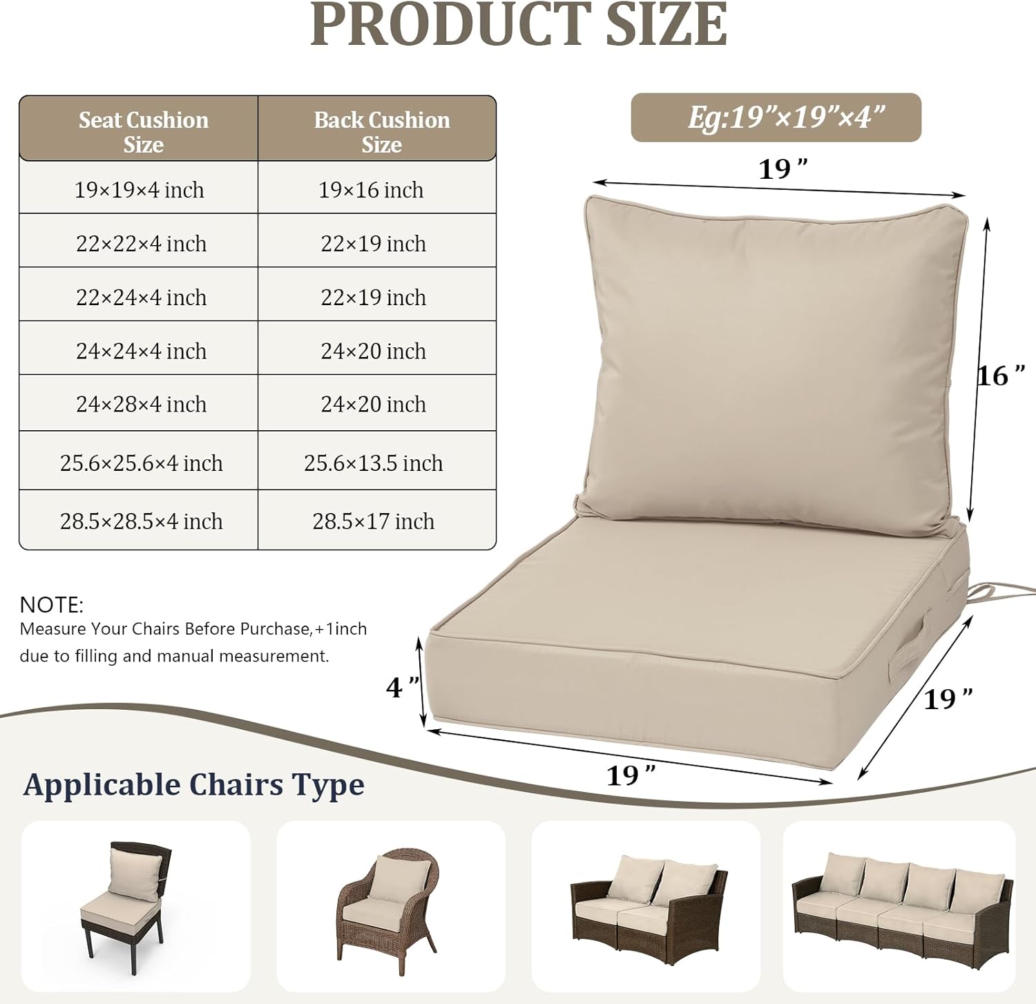 19x19“ Outdoor Deep Seat Cushions Set of 4, Patio Replacement Foam Cushions for Outside Furniture, Waterproof & Fade Resistant Patio Chair Pads, Compatible 20x20”,18x18“Khaki