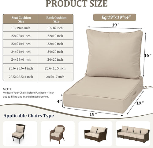 19x19“ Outdoor Deep Seat Cushions Set of 4, Patio Replacement Foam Cushions for Outside Furniture, Waterproof & Fade Resistant Patio Chair Pads, Compatible 20x20”,18x18“Khaki