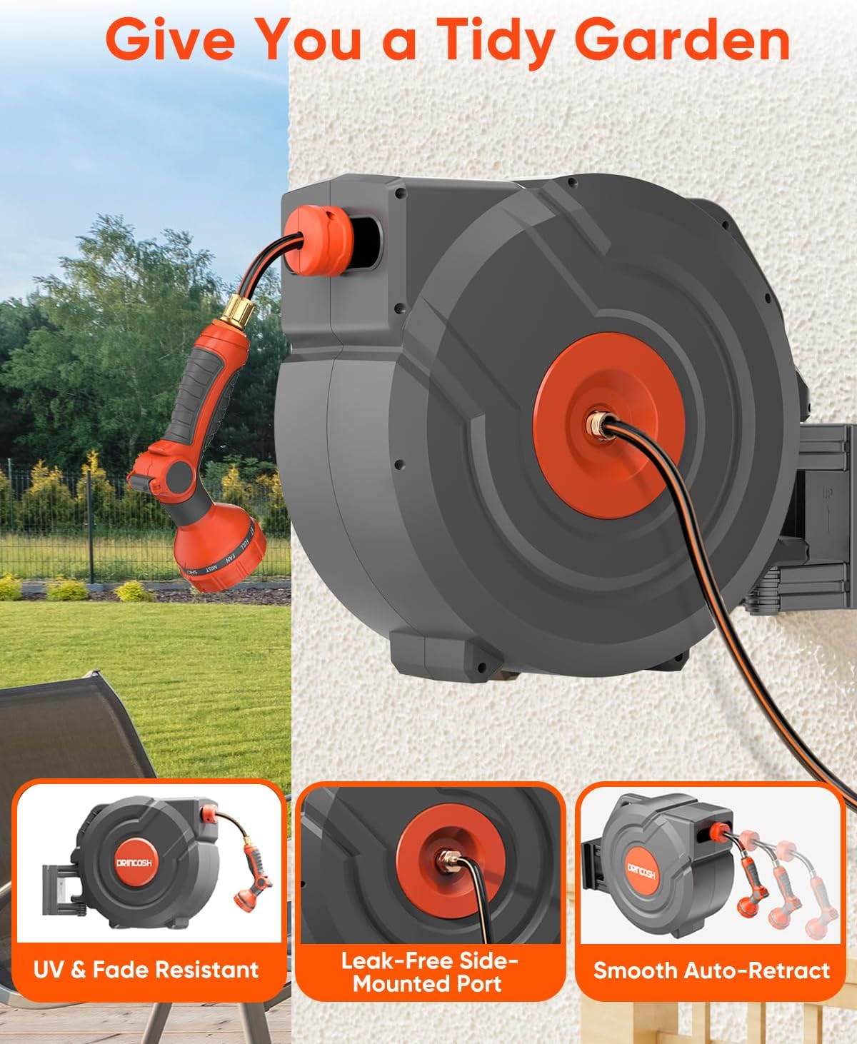 Retractable Garden Hose Reel 130 ft 1/2 inch Automatic Rewind with Any-Length Lock 9 Pattern Nozzle 180° Swivel Wall-Mounted Hose Reel for Home Yards