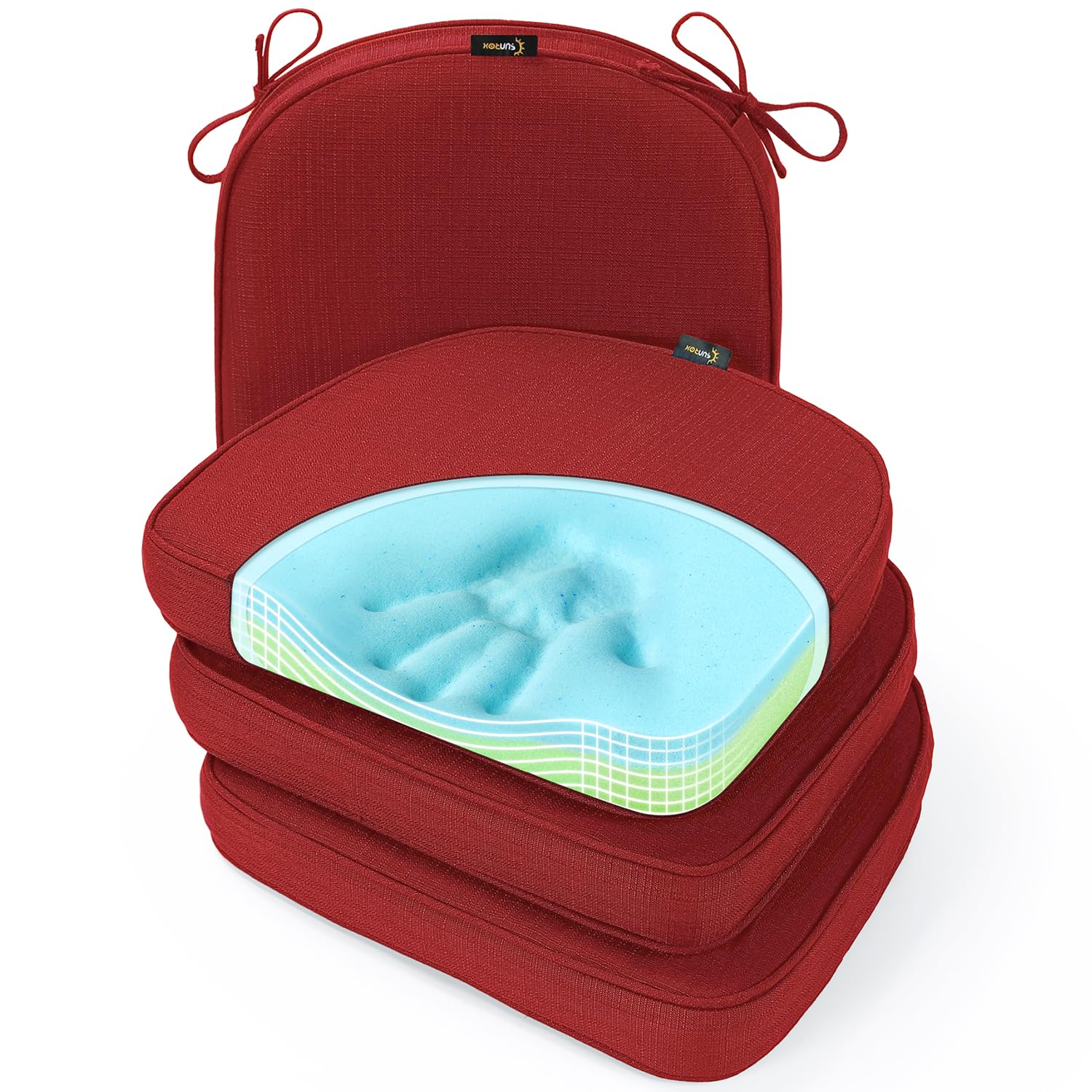 SUNROX Gel Memory Foam Chair Cushions, FadeShield Water-, Stain-Resistant Durable Reversible Seat Cushion Pads with Ties for Indoor/Outdoor Kitchen Dining Office 17"x16" Set of 4, Husk Birch