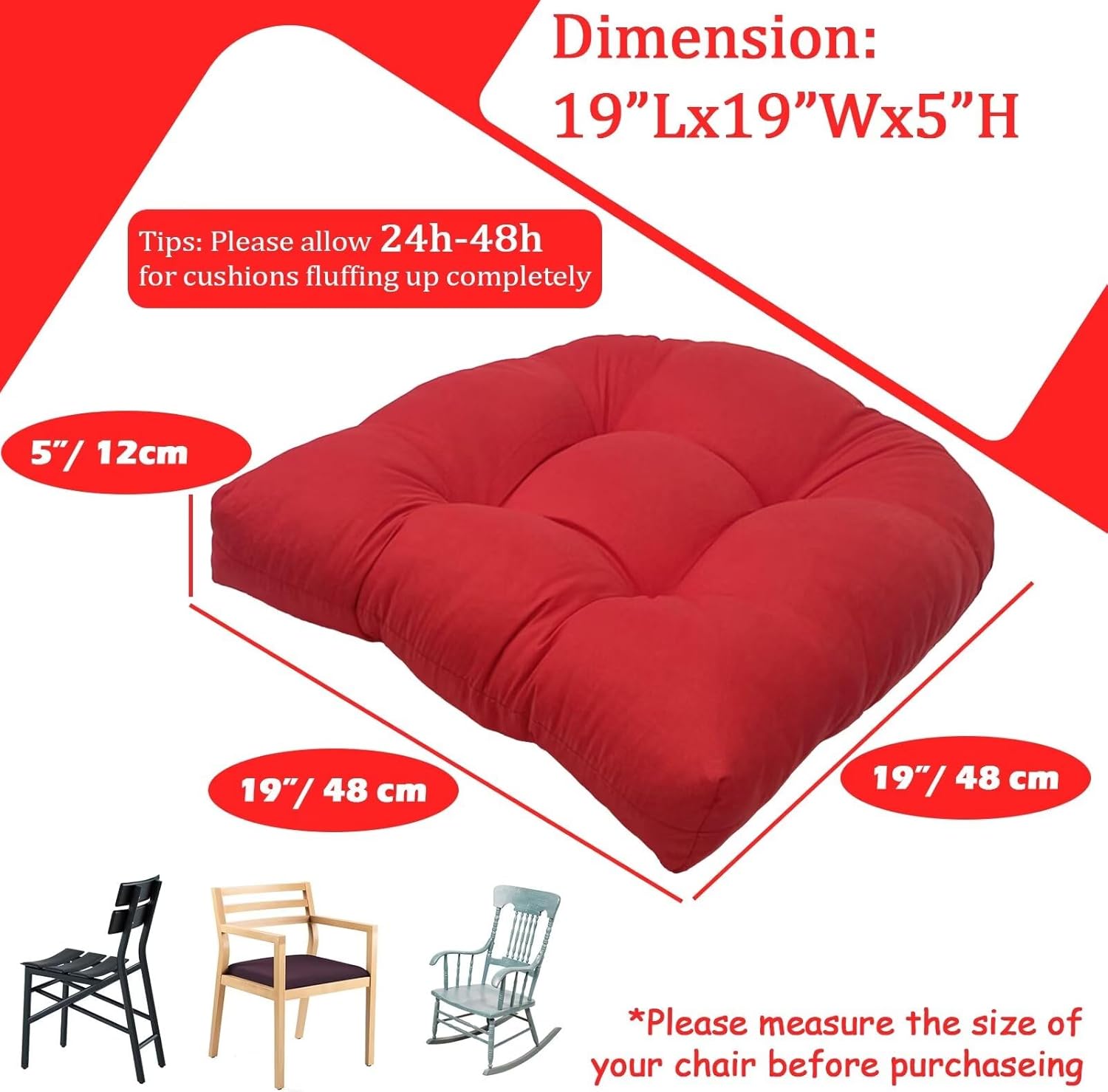 MTMR Waterproof Outdoor Chair Cushions Set of 2, 19X19 Patio Wicker Chair Cushions, Tufted Outdoor Cushions for Patio Furniture, Thick Outdoor Patio Replacement Seat Pads for Porch Lawn Chairs Red