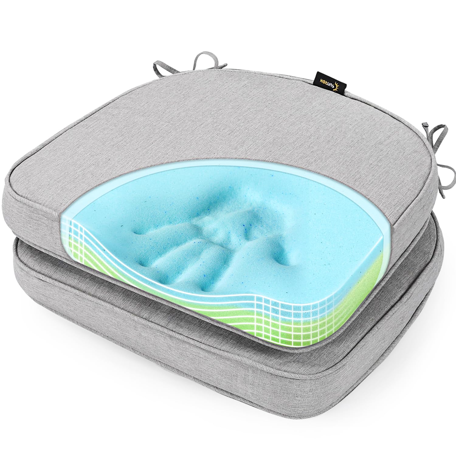 SUNROX Gel Memory Foam Chair Cushions, FadeShield Water-, Stain-Resistant Durable Reversible Seat Cushion Pads with Ties for Indoor/Outdoor Kitchen Dining Office 17"x16" Set of 4, Husk Birch