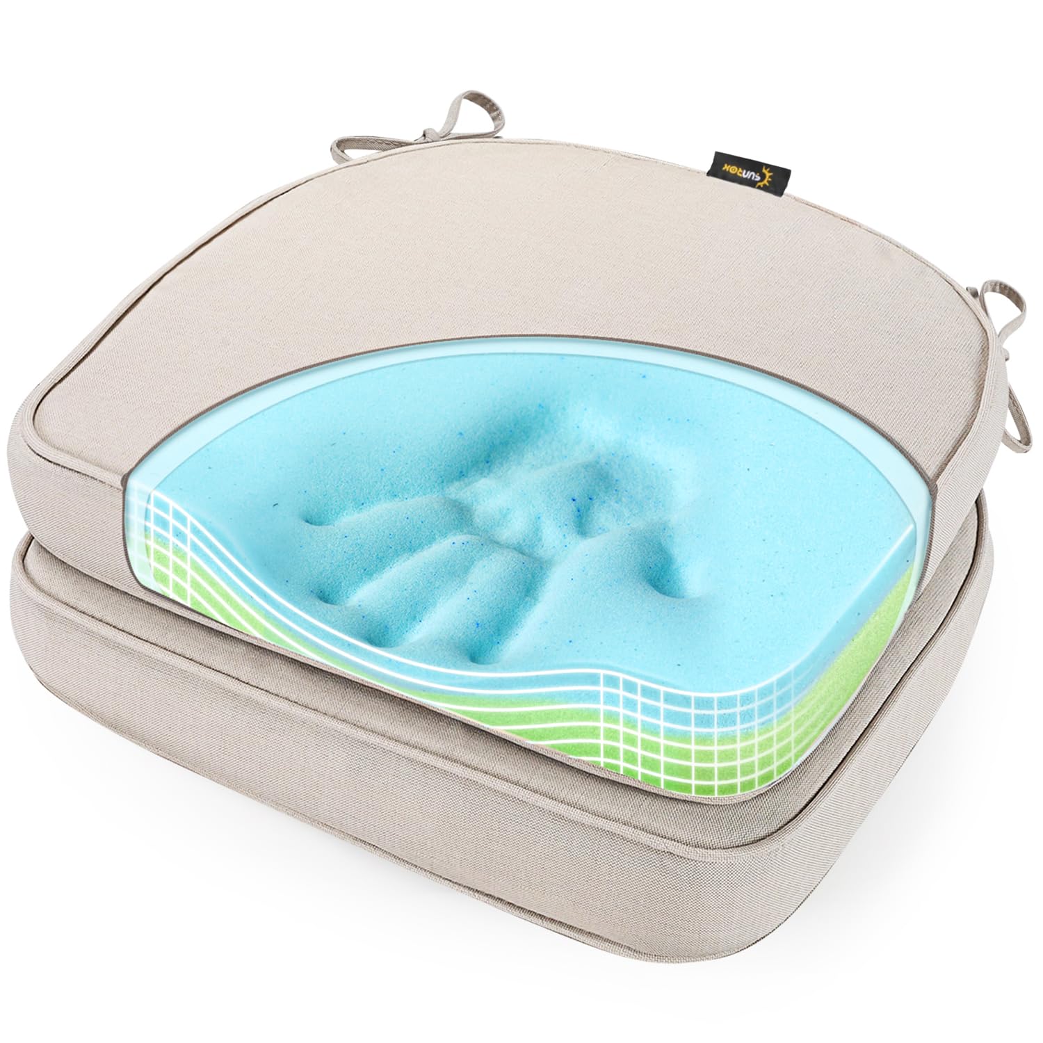 SUNROX Gel Memory Foam Chair Cushions, FadeShield Water-, Stain-Resistant Durable Reversible Seat Cushion Pads with Ties for Indoor/Outdoor Kitchen Dining Office 17"x16" Set of 4, Husk Birch