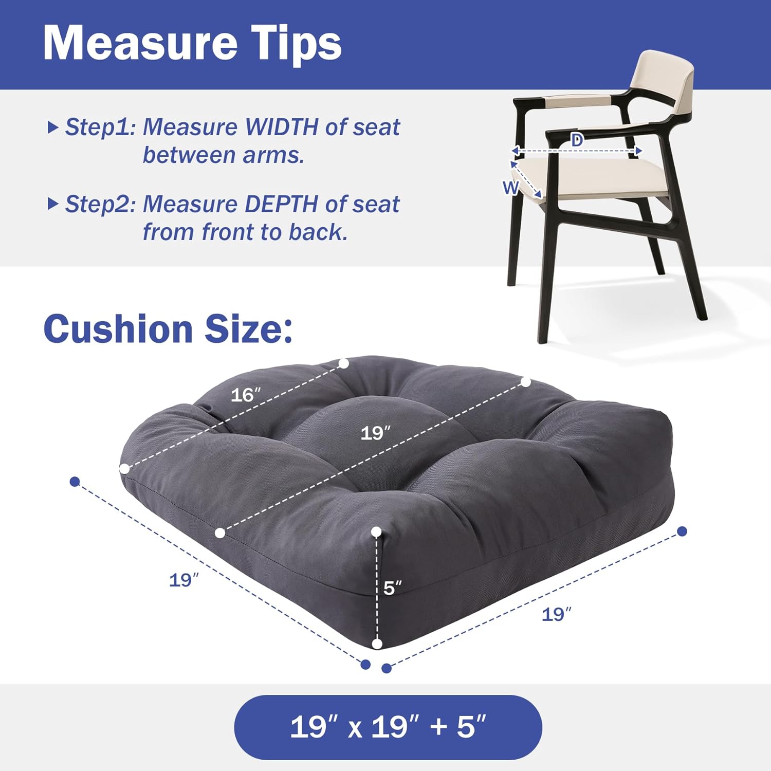 IPYNBAP Outdoor Chair Cushions Set of 2, Patio Chair Cushions with Ties,19x19+5” Tufted Outdoor Seat Cushions, Waterproof Patio Furniture Cushions, Outdoor Dining Chair Pads, Dark Grey