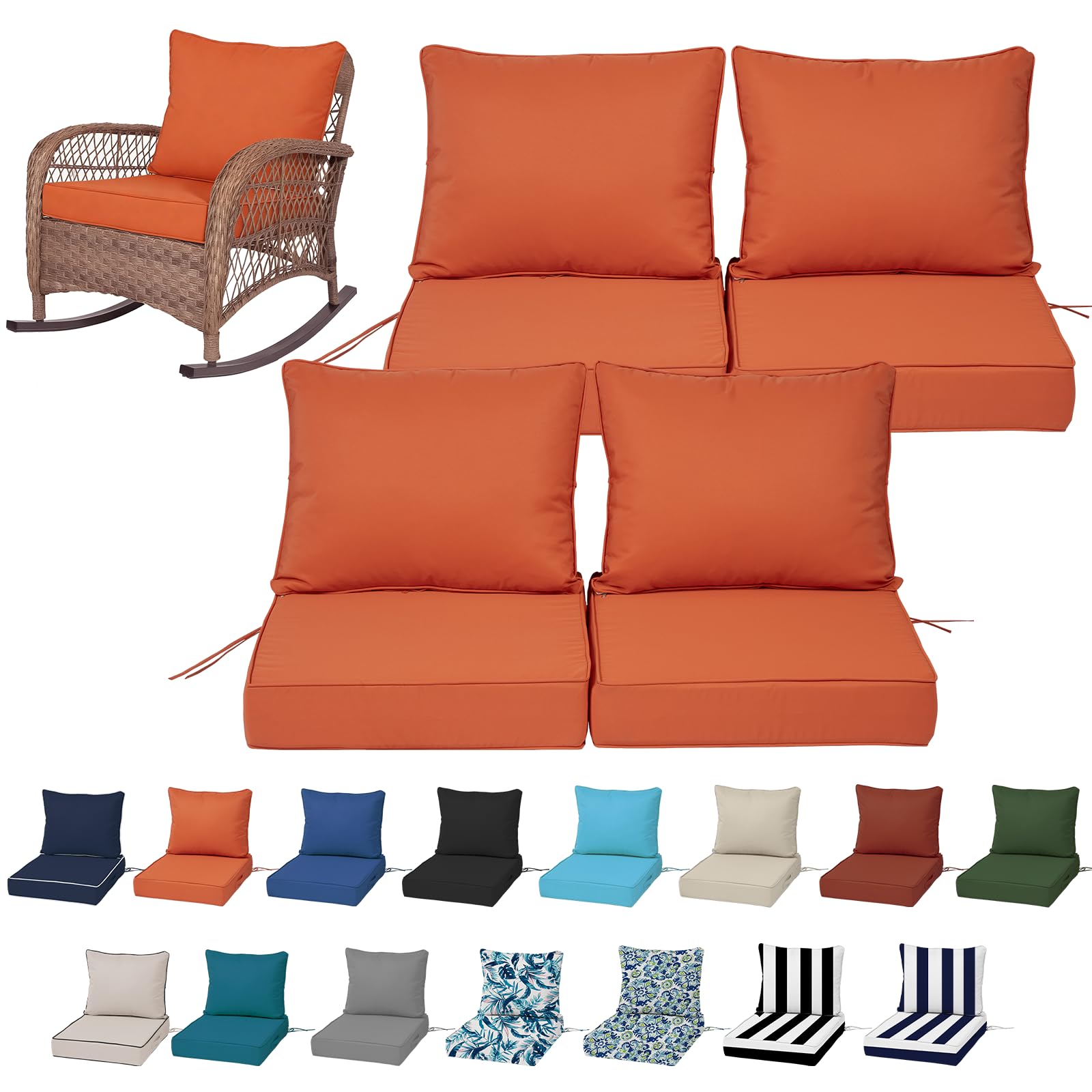 19x19“ Outdoor Deep Seat Cushions Set of 4, Patio Replacement Foam Cushions for Outside Furniture, Waterproof & Fade Resistant Patio Chair Pads, Compatible 20x20”,18x18“Khaki