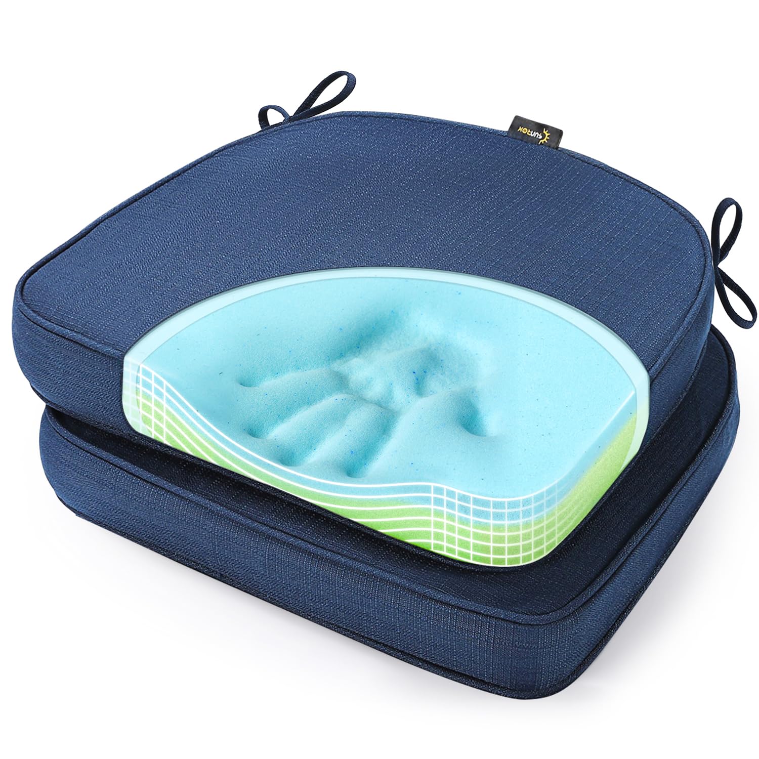 SUNROX Gel Memory Foam Chair Cushions, FadeShield Water-, Stain-Resistant Durable Reversible Seat Cushion Pads with Ties for Indoor/Outdoor Kitchen Dining Office 17"x16" Set of 4, Husk Birch