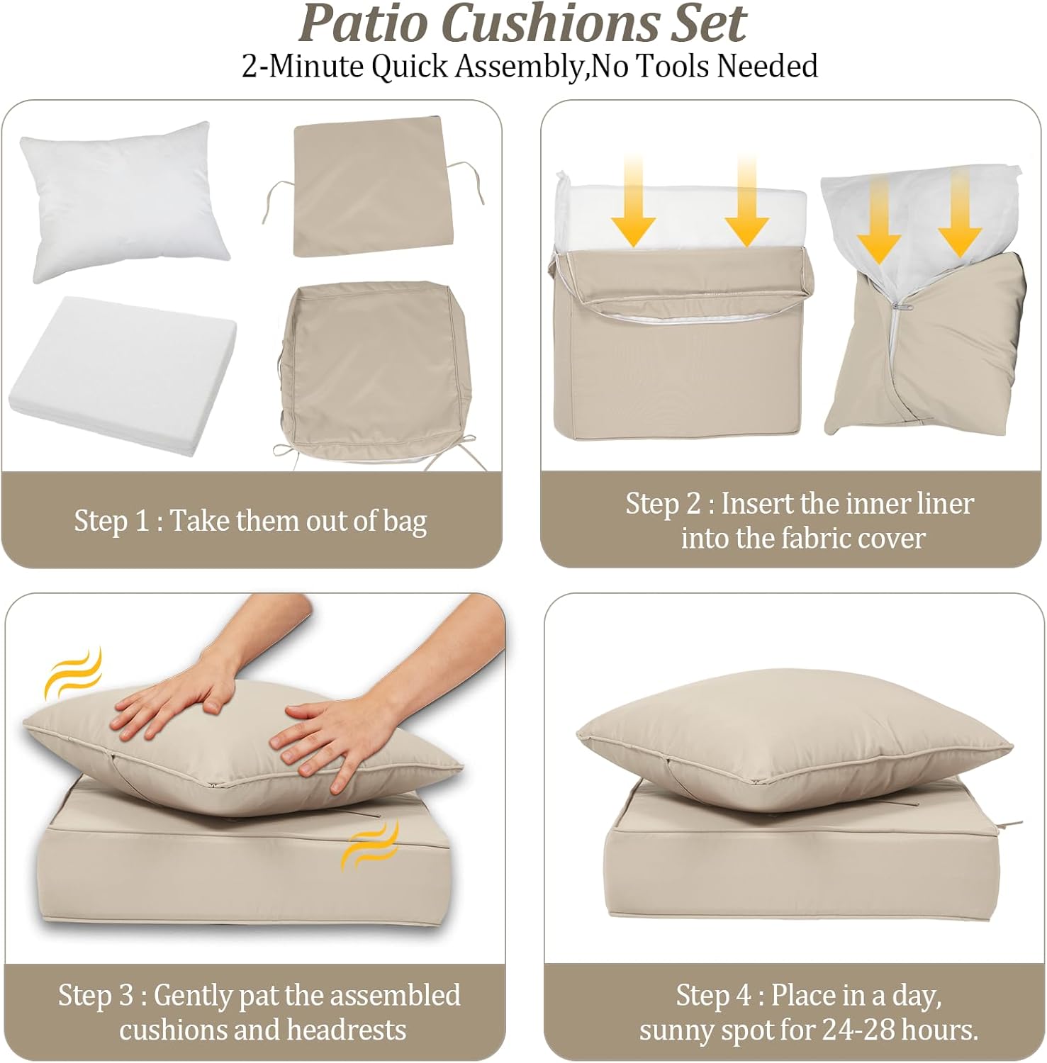 19x19“ Outdoor Deep Seat Cushions Set of 4, Patio Replacement Foam Cushions for Outside Furniture, Waterproof & Fade Resistant Patio Chair Pads, Compatible 20x20”,18x18“Khaki