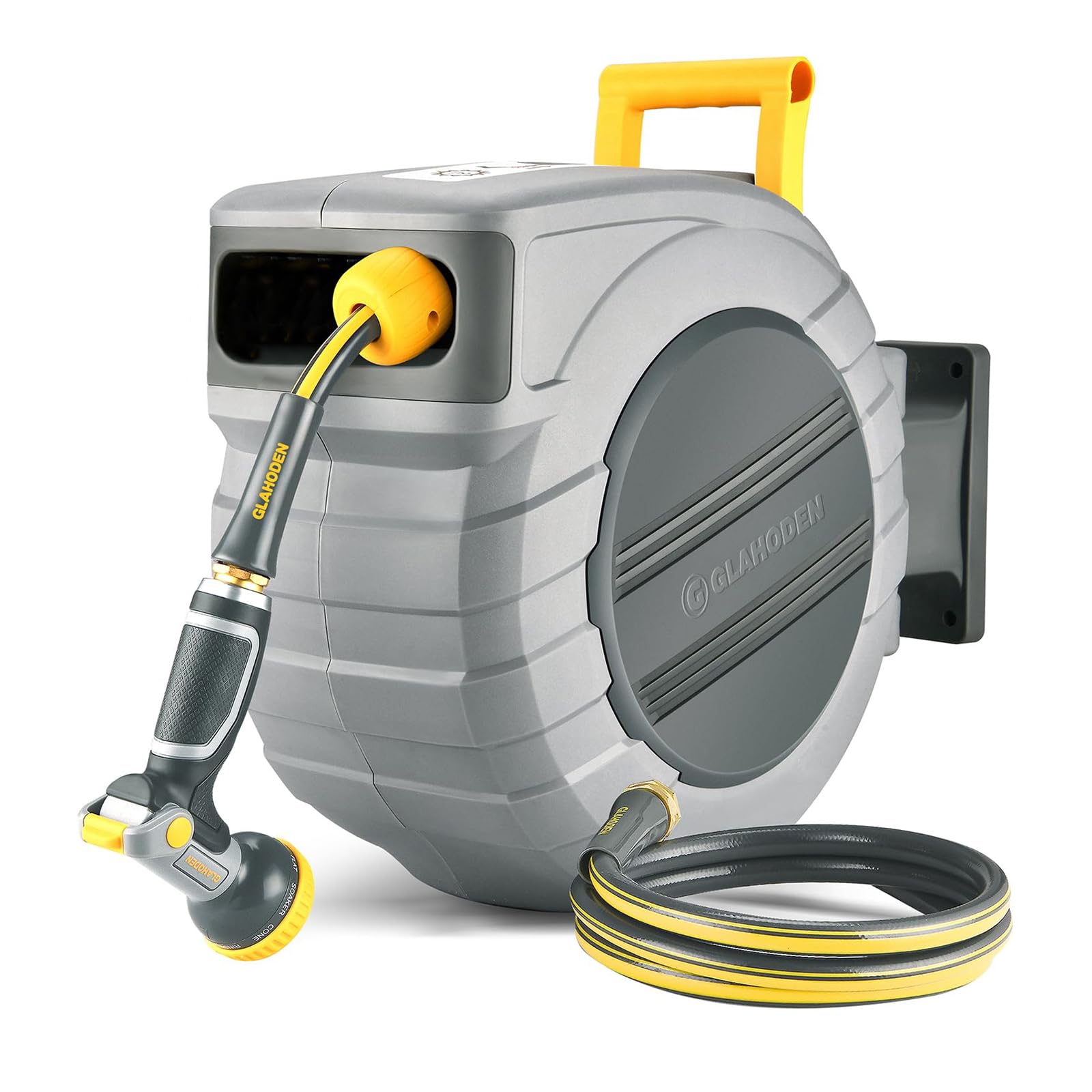 GLAHODEN Retractable Garden Hose Reel 1/2 in x 100 ft, 2025 Upgraded Dual Ratchet Lock UV & Freeze Protection Brass Seal Slow Retraction Anti-Tangle Hose 180°Swivel Reinforced Scaffold Wall Mount