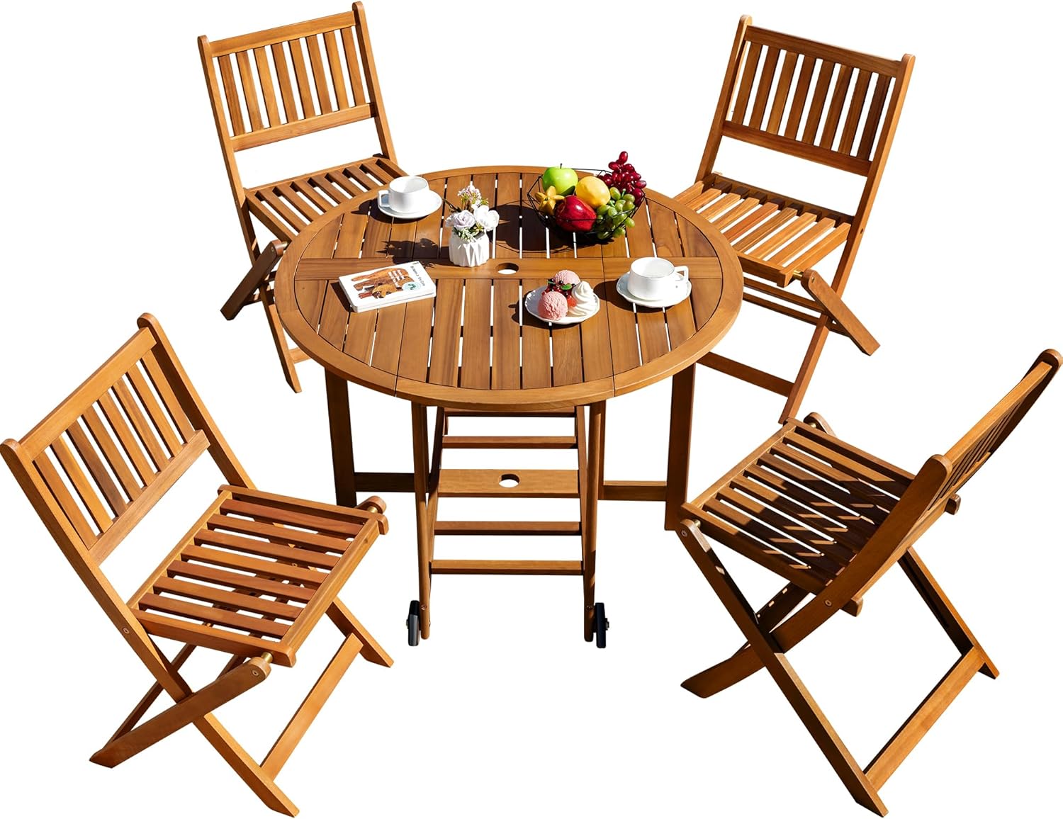 Greesum 5 Piece Patio Dining Set Outdoor Acacia Wood Furniture All-Weather Folding Round Table and Chairs for Backyard, Balcony, Porch, Deck, Garden, Light Brown