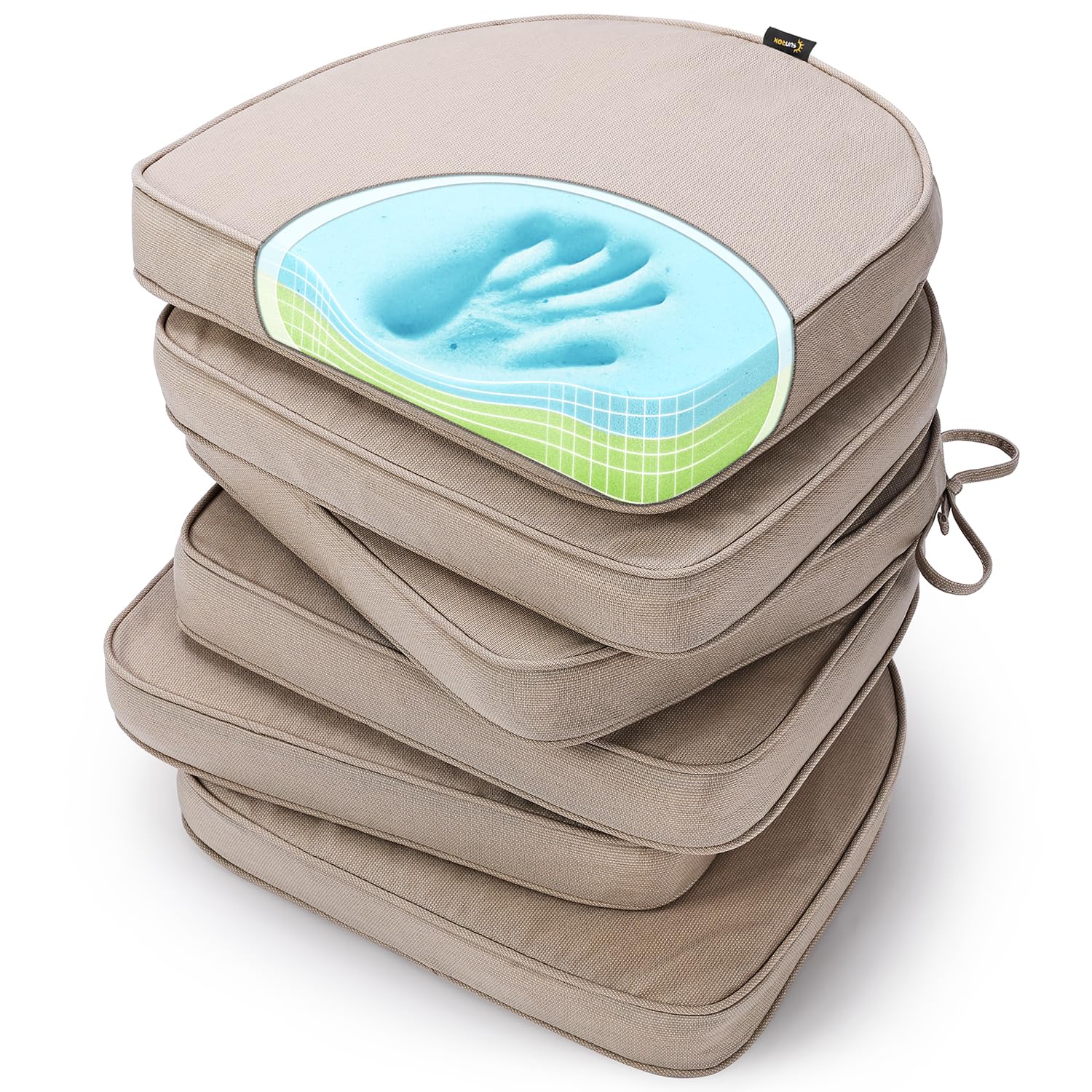 SUNROX Gel Memory Foam Chair Cushions, FadeShield Water-, Stain-Resistant Durable Reversible Seat Cushion Pads with Ties for Indoor/Outdoor Kitchen Dining Office 17"x16" Set of 4, Husk Birch