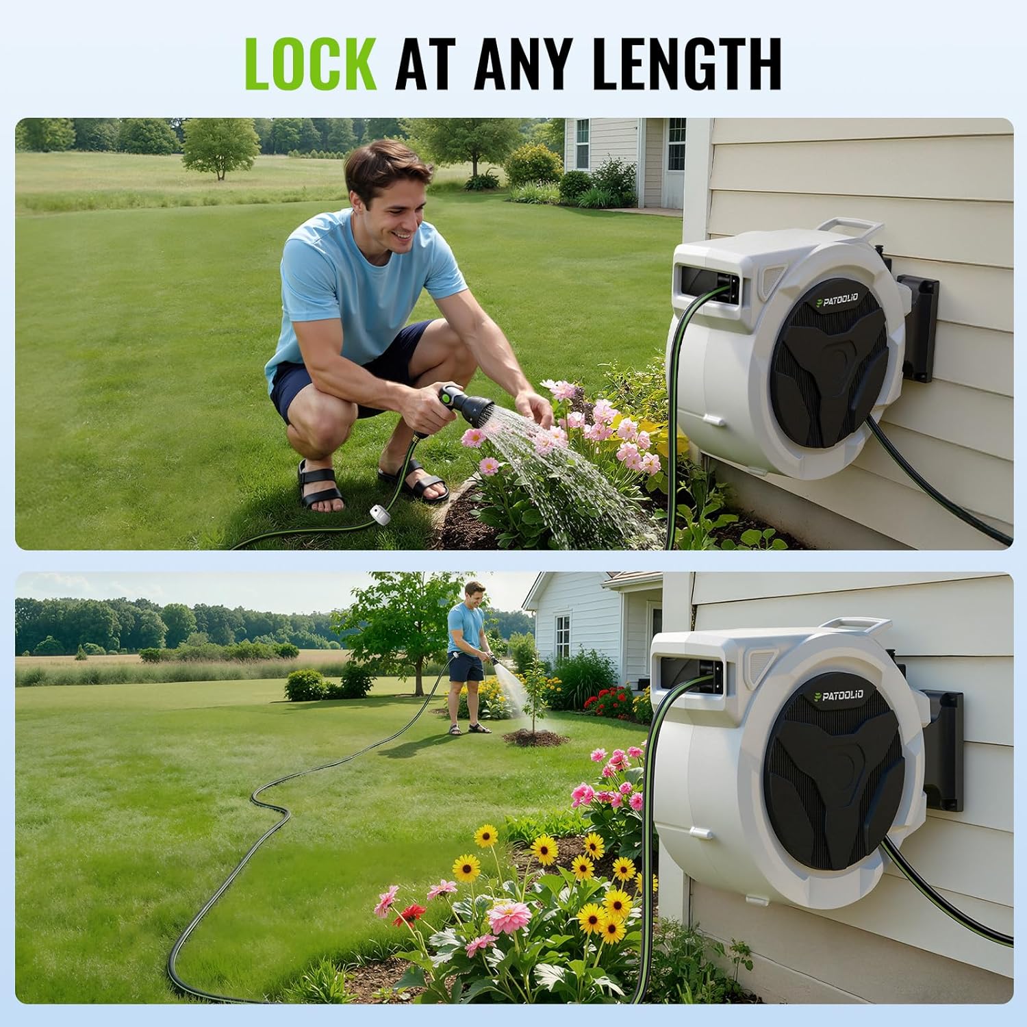 Retractable Garden Hose Reel 100ft, 1/2'' Wall Mounted Water Hose Reel Heavy Duty with 10 Pattern Nozzle, Slow Auto Rewind, Any Length Lock, 180° Swivel Bracket