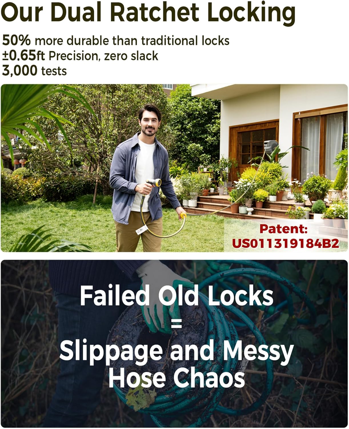 GLAHODEN Retractable Garden Hose Reel 1/2 in x 100 ft, 2025 Upgraded Dual Ratchet Lock UV & Freeze Protection Brass Seal Slow Retraction Anti-Tangle Hose 180°Swivel Reinforced Scaffold Wall Mount