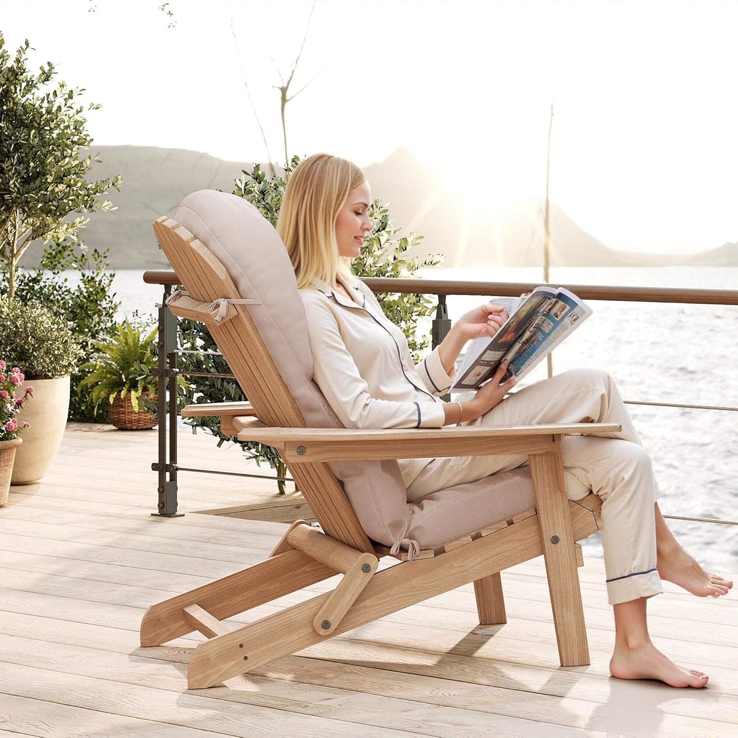 UDPATIO Adirondack Chair Cushion with Ties - Fade-Resistant Waterproof Outdoor Recliner High Back Seat Pads for Rocking Chairs, Patio, Deck, Porch, Lawn (Upper & Lower Back Support),Light Beige,1 PC