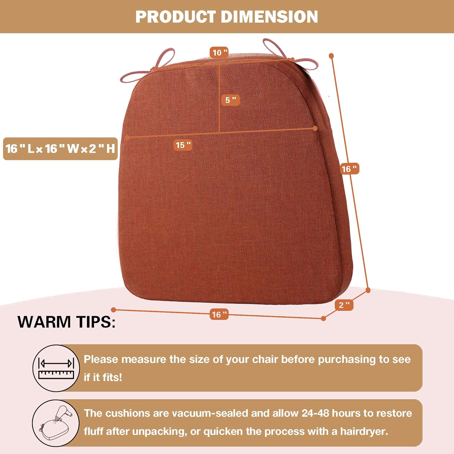 Battilo Chair Cushions for Dining Chairs with Ties, Outdoor Waterproof Kitchen Chair Pad with Non-Slip Backing, Seat Cushions with Machine Washable Removable Cover, 16"x16"x2", Set of 2, Caramel