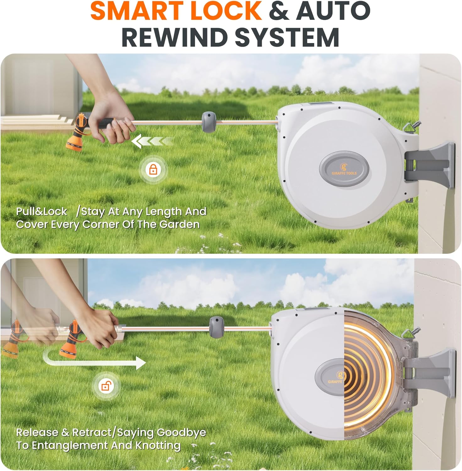 Giraffe Tools CW20 Retractable Garden Hose Reel 5/8" x 60 ft Heavy Duty Water Hose Reel, Swivel Bracket, Any Length Lock, Light Grey