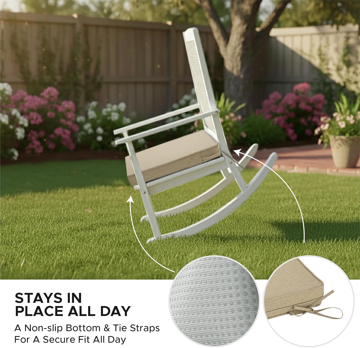 Outdoor Chair Cushions, Water-Resistant & Fade-Resistant, Patio Furniture Square Seat Replacement Chair Pads with Ties, Removable Cover, Non-Slip Bottom, Set of 4, 19 x 19 Inch, Natural