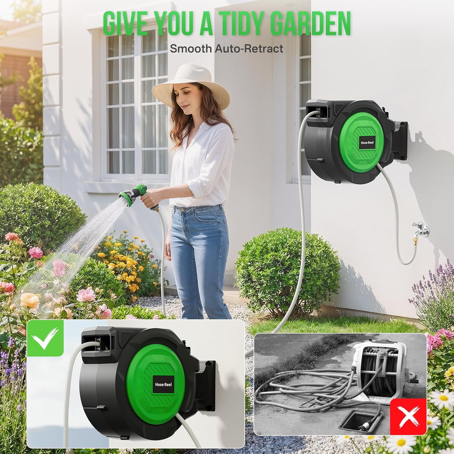 Retractable Garden Hose Reel, 1/2 in x 100 ft Heavy Duty Wall-Mounted Hose Reel with 180° Swivel Bracket, 10-Pattern Nozzle, Automatic Slow Return System, Any Length Lock for outside Watering,Cleaning