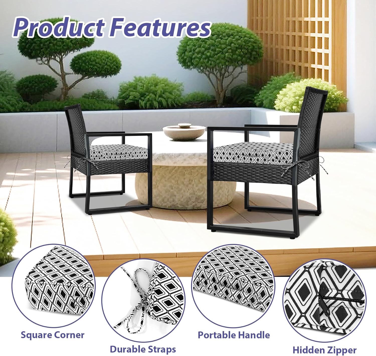 IPYNBAP Outdoor Chair Cushions Set of 4,Waterproof Outdoor Seat Cushions for Patio Furniture,Patio Chair Cushion with Handle and Ties, Out Door Chair Pads,19" x 19" x 3", Black Geometry